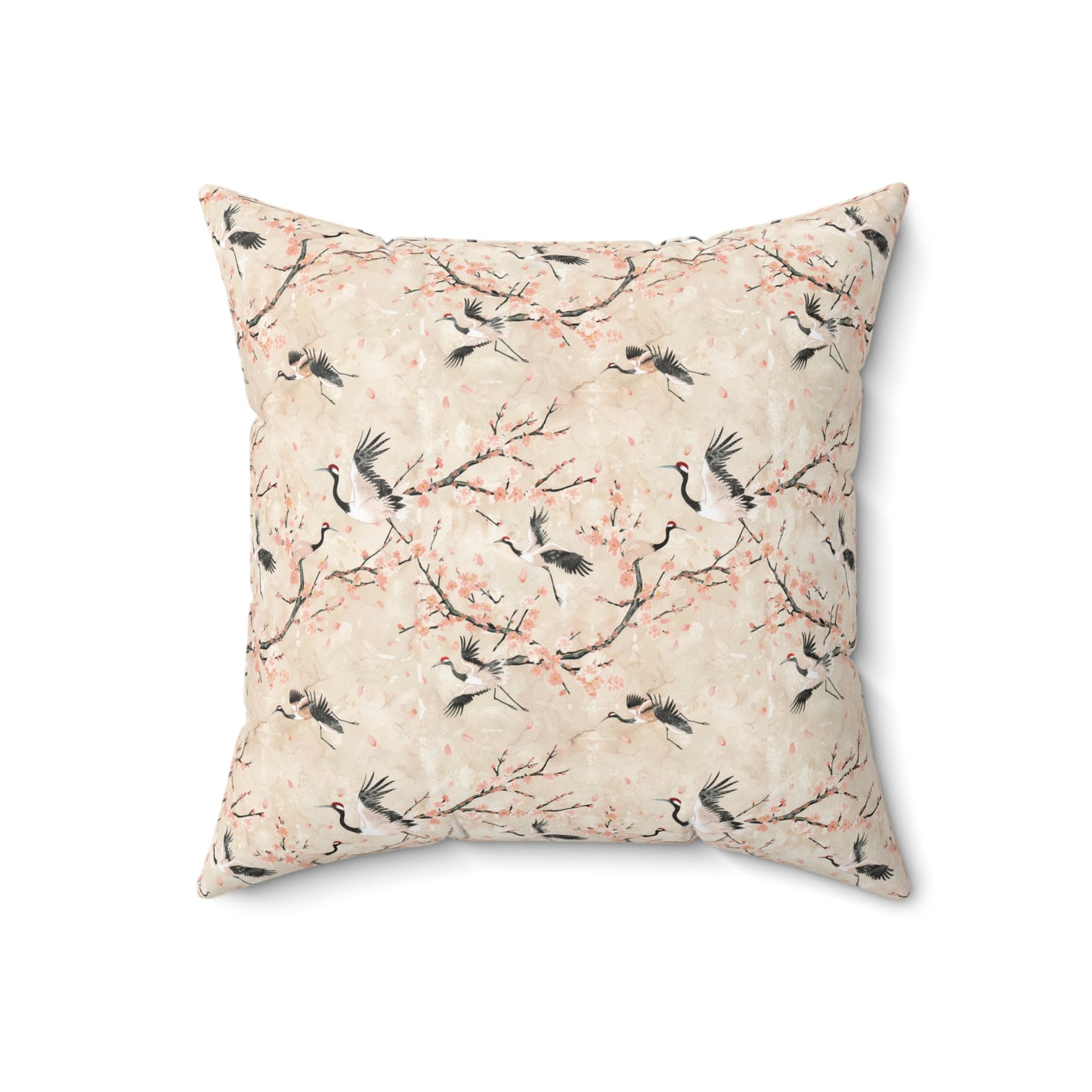 Cherry Blossom Crane Pillow | Floral Japanese Stork Pattern Square Pillow