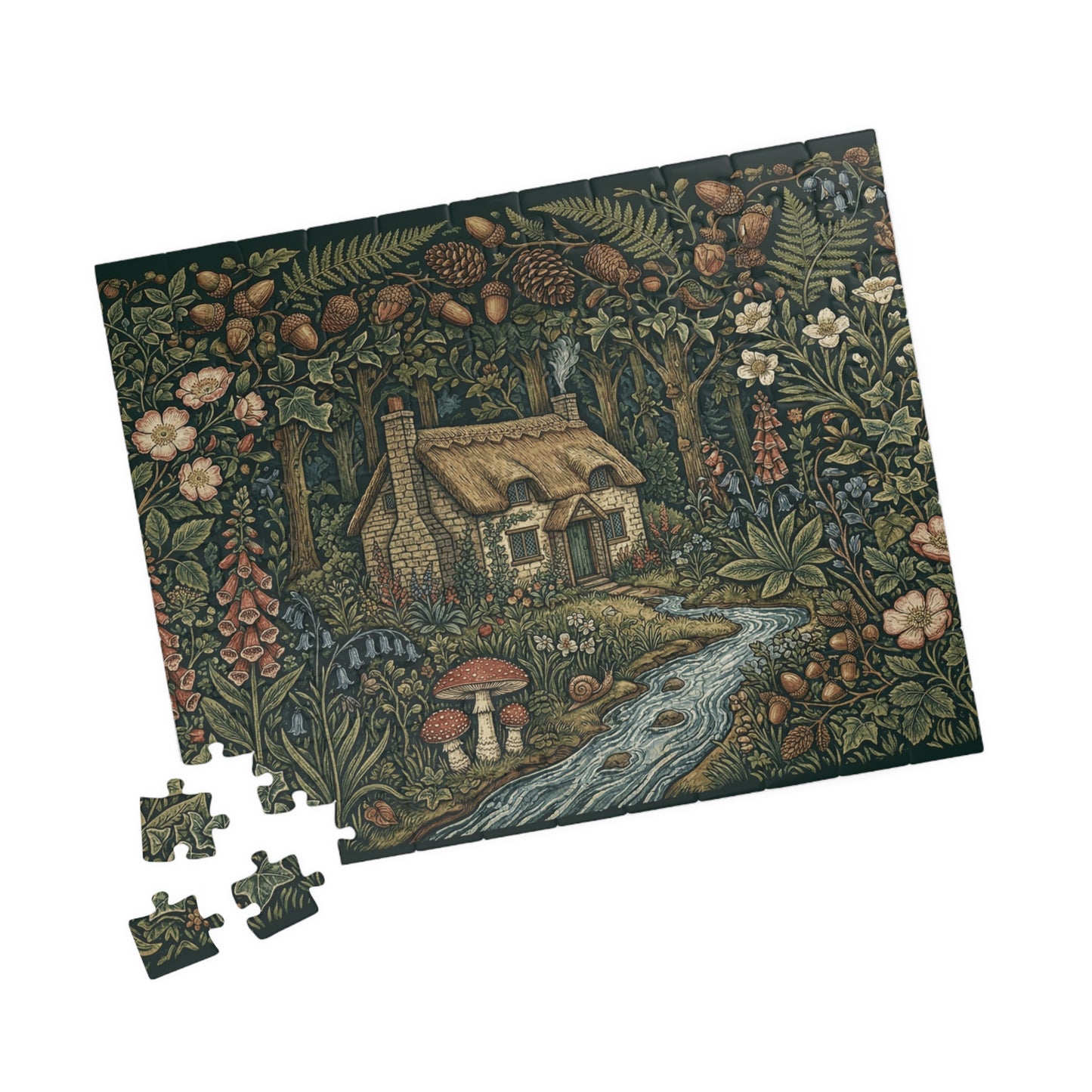 Cottage in Enchanted Forest Puzzle | 110, 252, 520, or 1014 Piece Woodland River Illustration