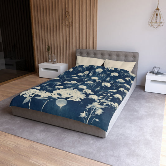 White Wildflower Duvet Cover | Cyanotype Pattern Botanical Cottagecore Ditsy Floral Bedding | Nature Lover | Blue Sun Print Bedroom Decor