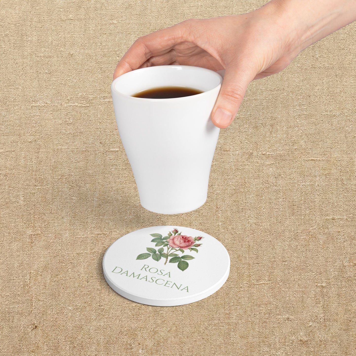 Rosa Damascena Rose Illustration Ceramic Coaster, Customizable Text