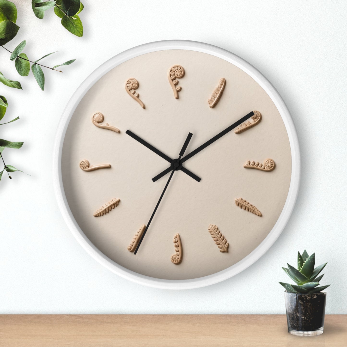 Clay Fern Motif Wall Clock | Minimal Botanical Timepiece