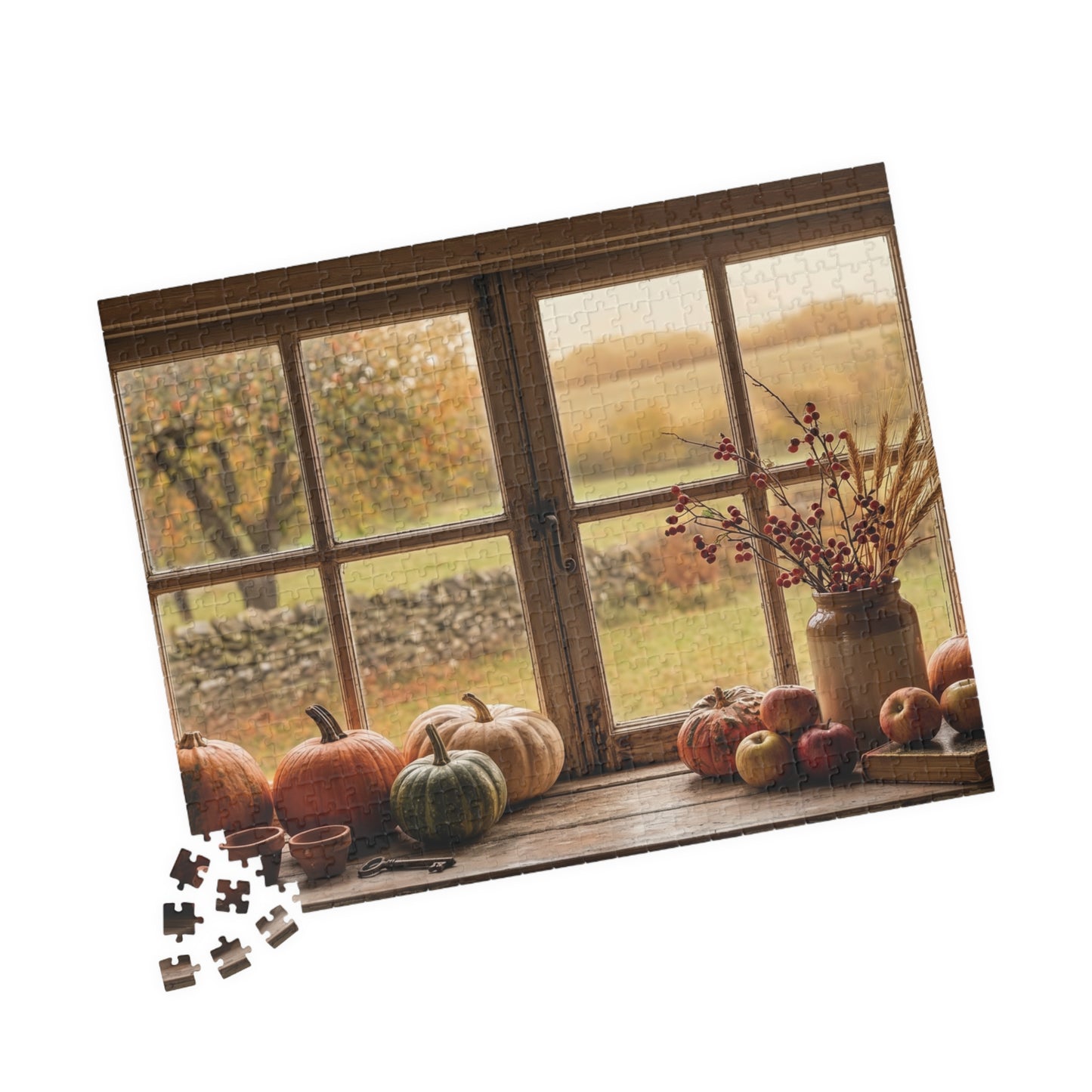 Autumn Harvest Window Puzzle 110, 252, 520, or 1014 Pieces | Fall Pumpkins Apples Still Life