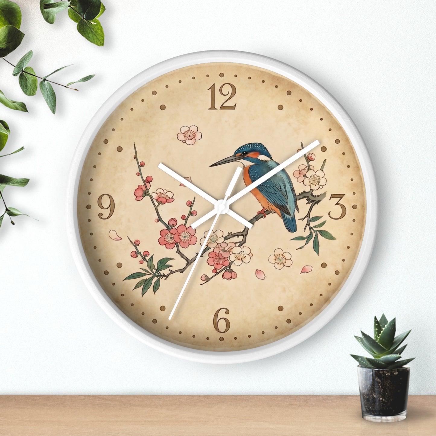 Kingfisher on Cherry Blossom Wall Clock | Kacho-ga Vintage Japanese Bird Floral Clock