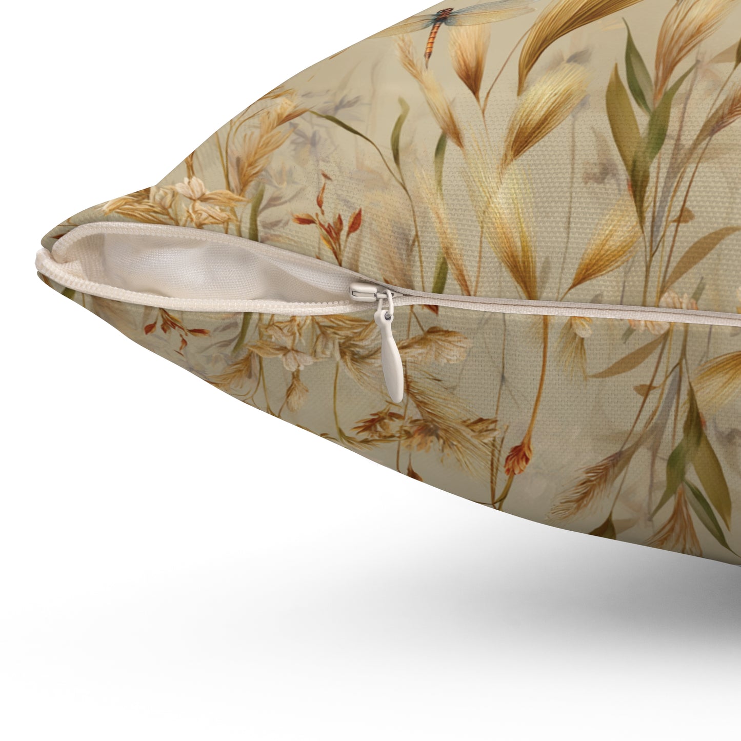 Neutral Botanical Print Pillow | Dried Wildflower Dragonfly Pattern, Square Throw Pillow
