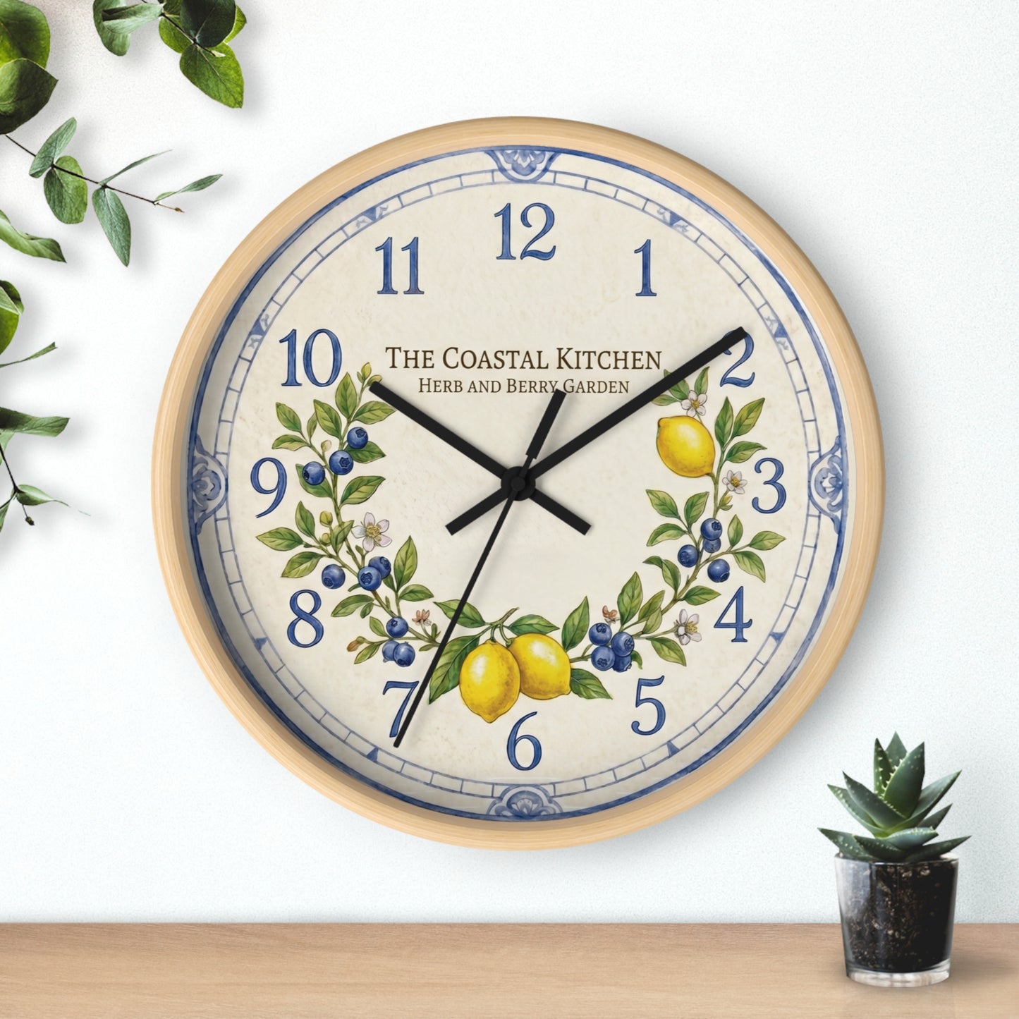 Lemon & Blueberry Wreath Wall Clock | Coastal Kitchen Herb Garden