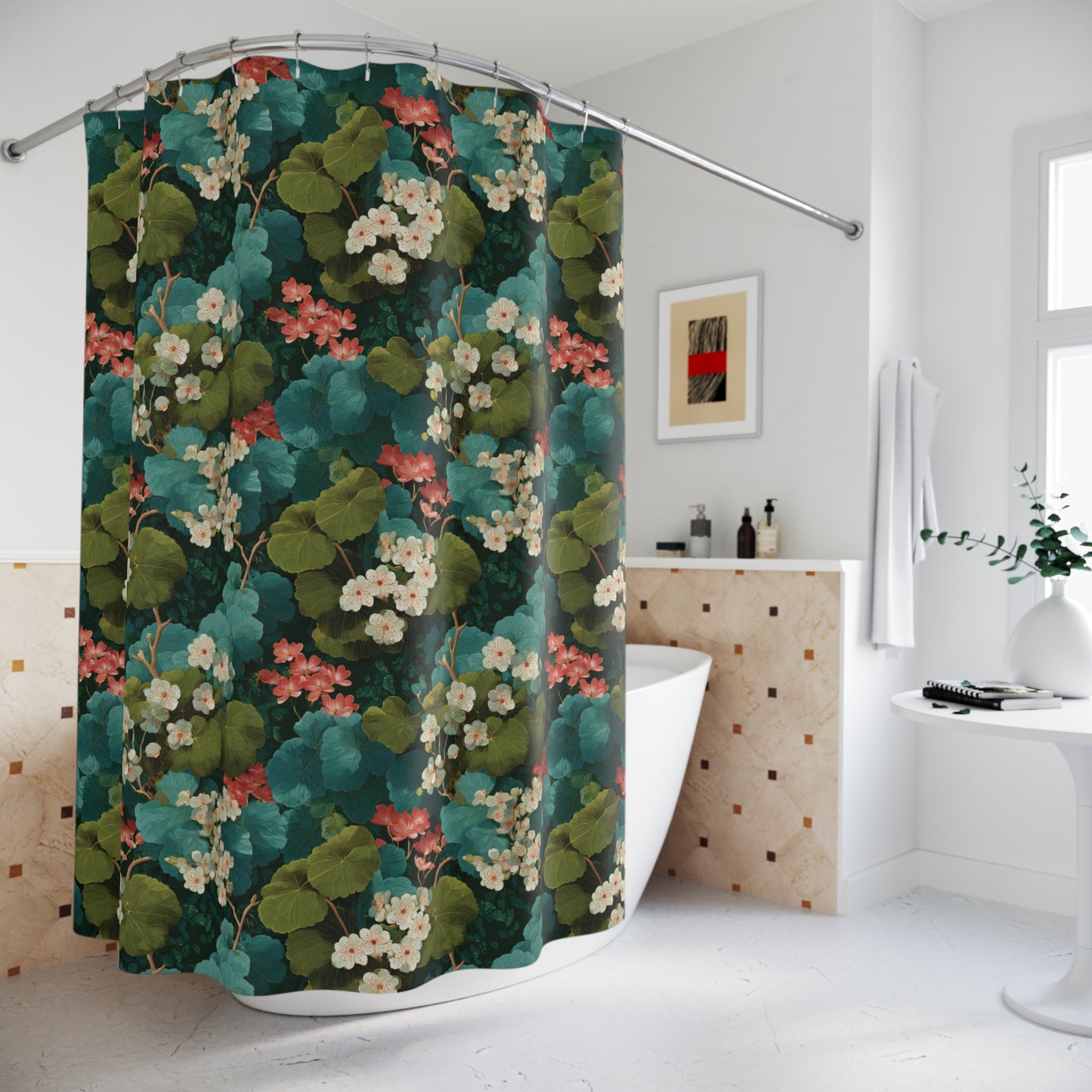 Vintage Botanical Floral Shower Curtain | Green Teal Foliage Pattern