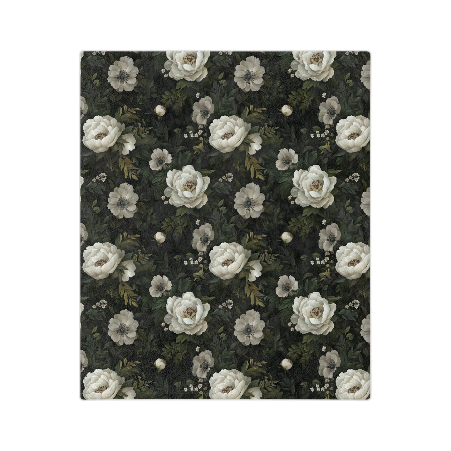 Vintage White Rose Floral Velveteen Microfiber Blanket | Dark Botanical Pattern