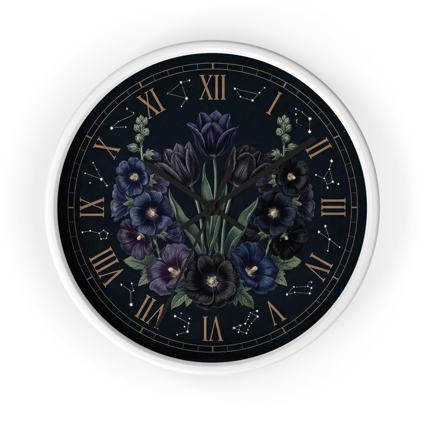 Midnight Violet Florals Wall Clock | Roman Numerals, Constellation Accents