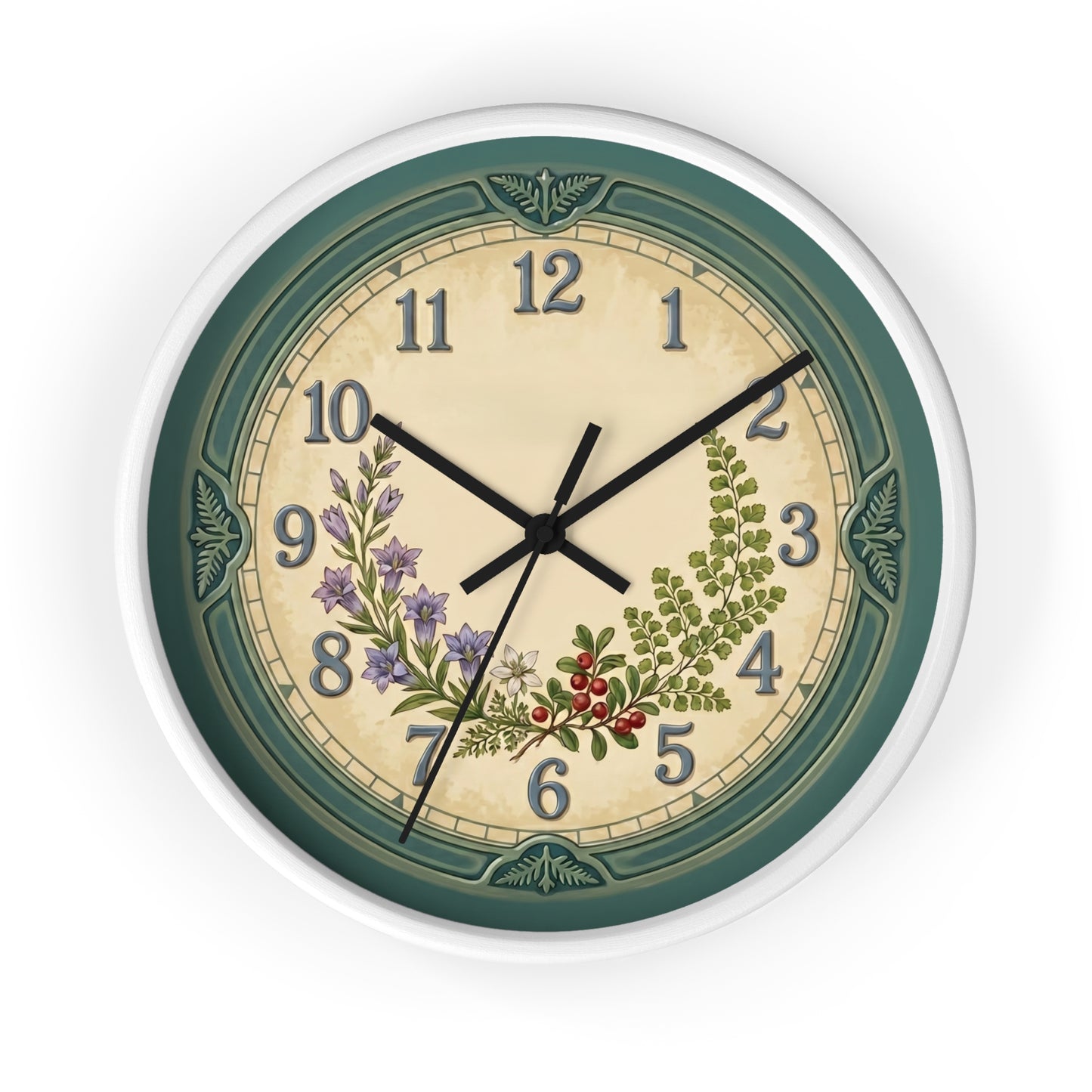 Coastal Turquoise Botanical Wall Clock | Lavender, Fern & Berries Clock