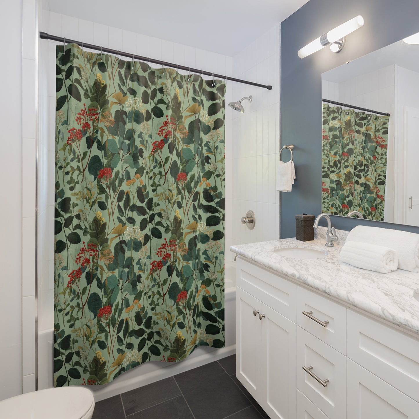 Botanical Vines Shower Curtain | Green Floral Leaf Pattern