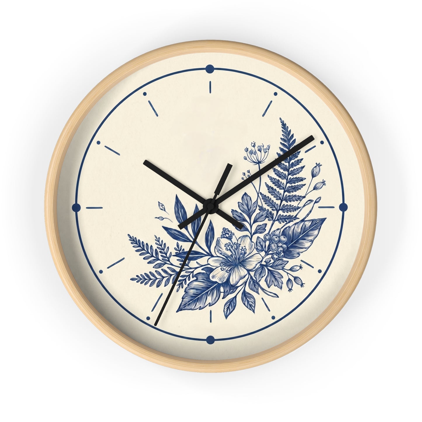 Blue Floral Illustration Wall Clock | Coastal Botanical Flower Clock
