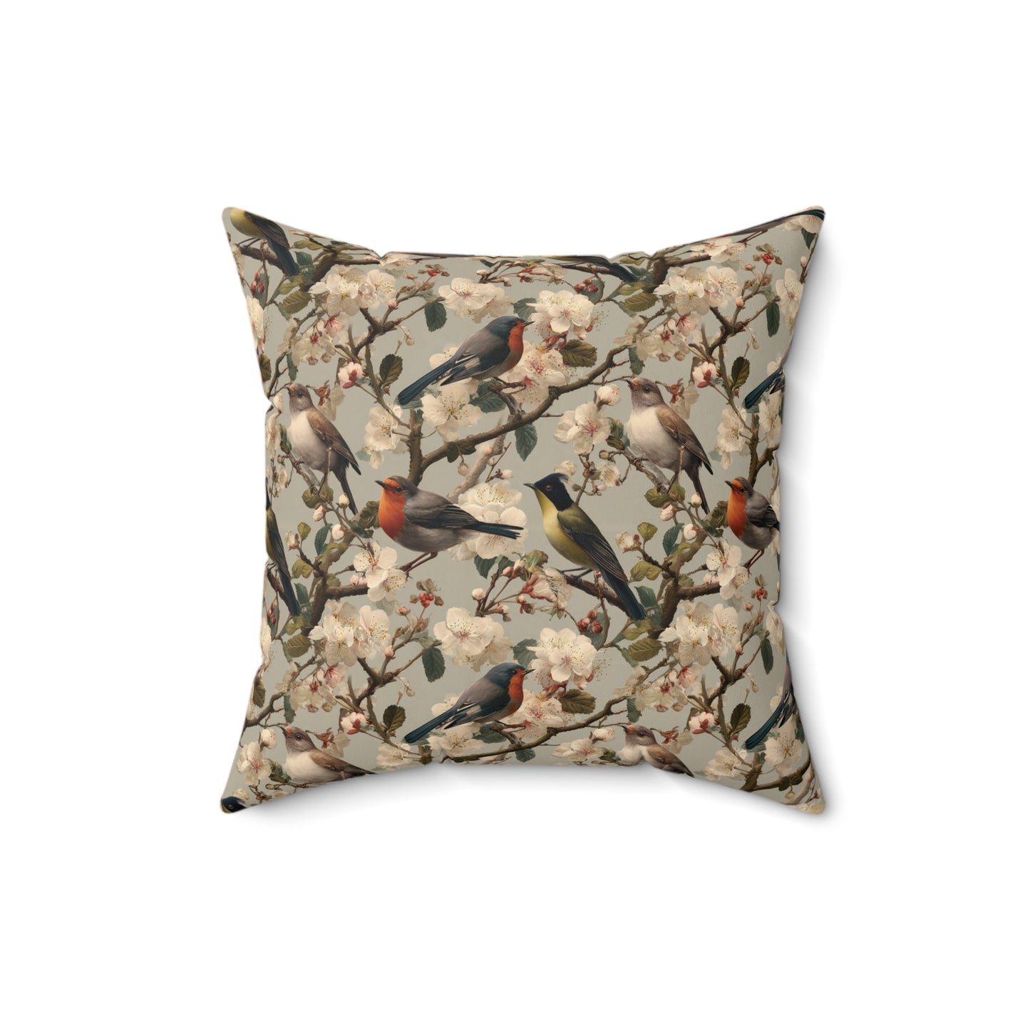 Vintage Floral Songbirds Pillow | Botanical Bird Pattern Square Pillow