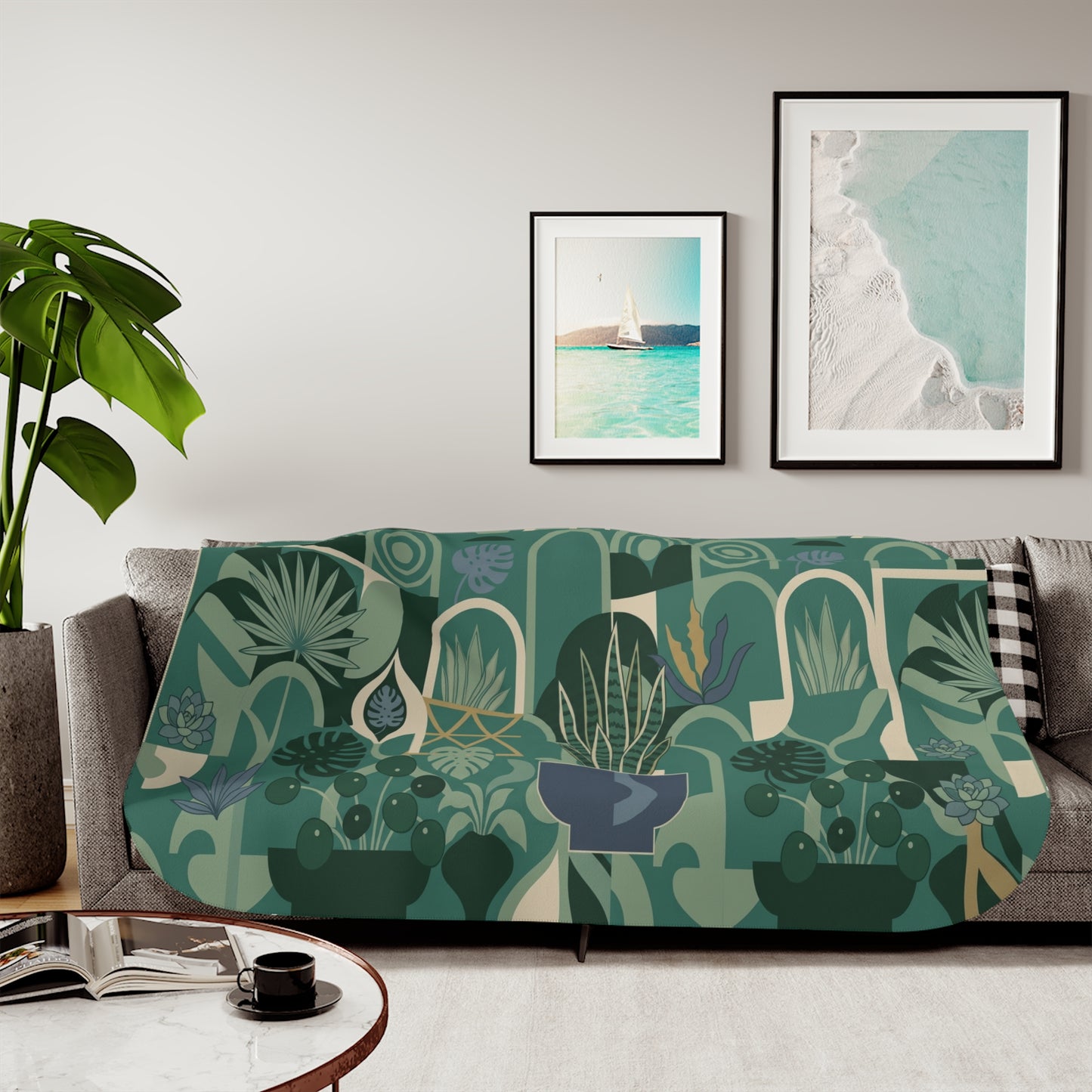 Indoor Plant Pattern Sherpa Blanket | Green Botanical Houseplant Design