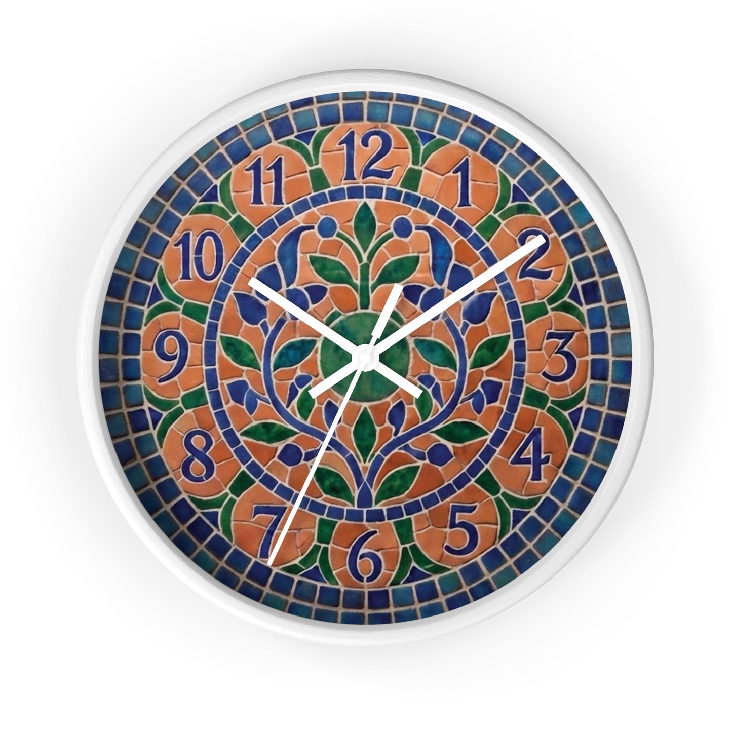 Mosaic Style Wall Clock - Terracotta Azure Blue Floral Print, Mediterranean Botany Decor