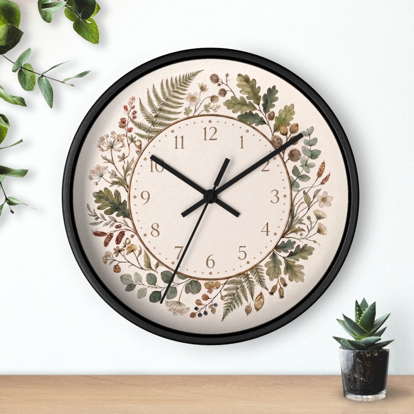 Botanical Wreath Wall Clock | Floral Foliage Illustration Clock, Neutral Nature Home Decor