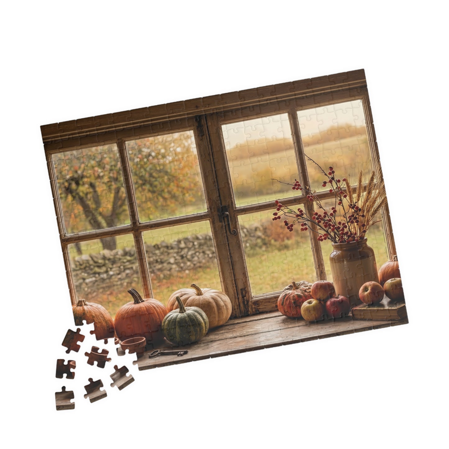 Autumn Harvest Window Puzzle 110, 252, 520, or 1014 Pieces | Fall Pumpkins Apples Still Life