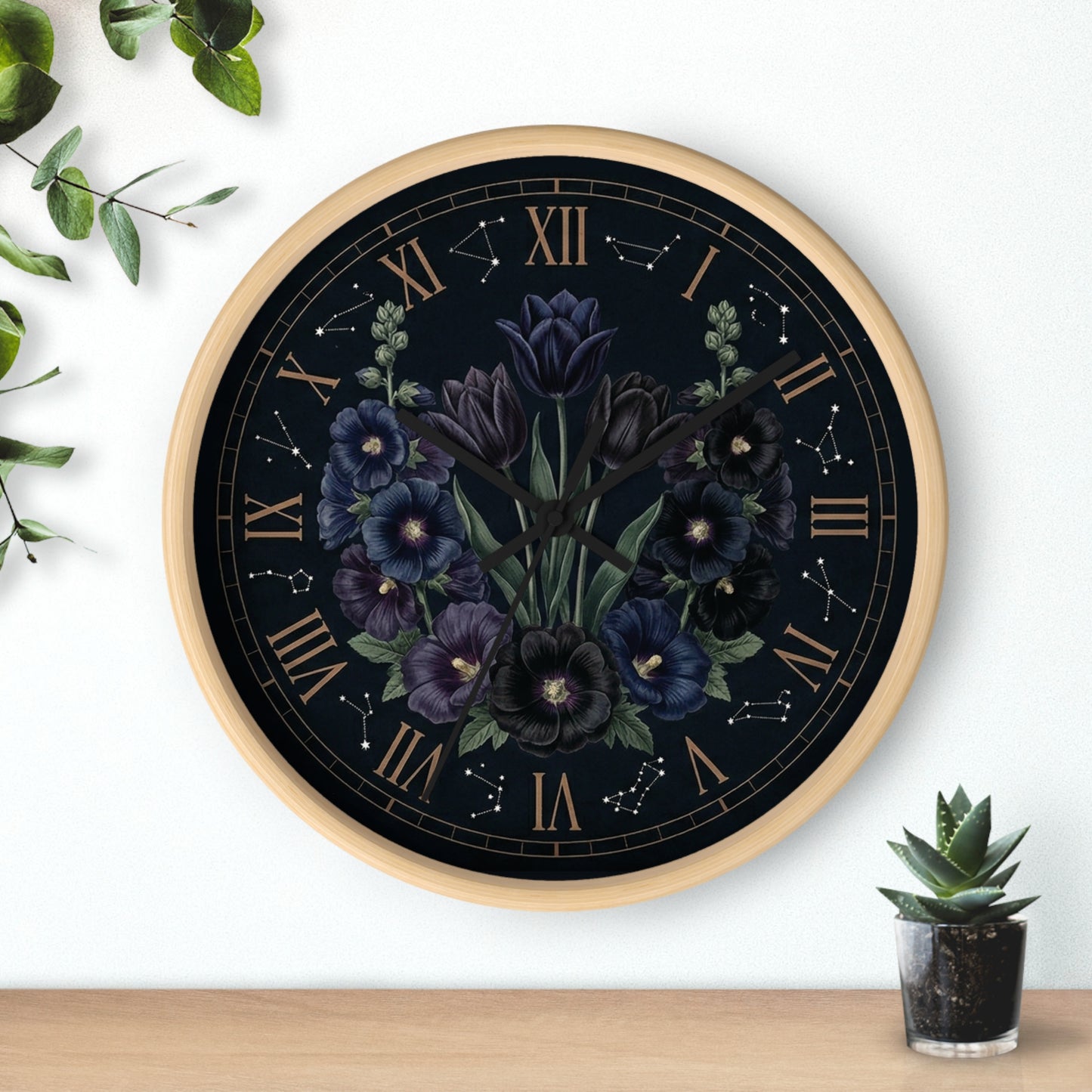 Midnight Violet Florals Wall Clock | Roman Numerals, Constellation Accents