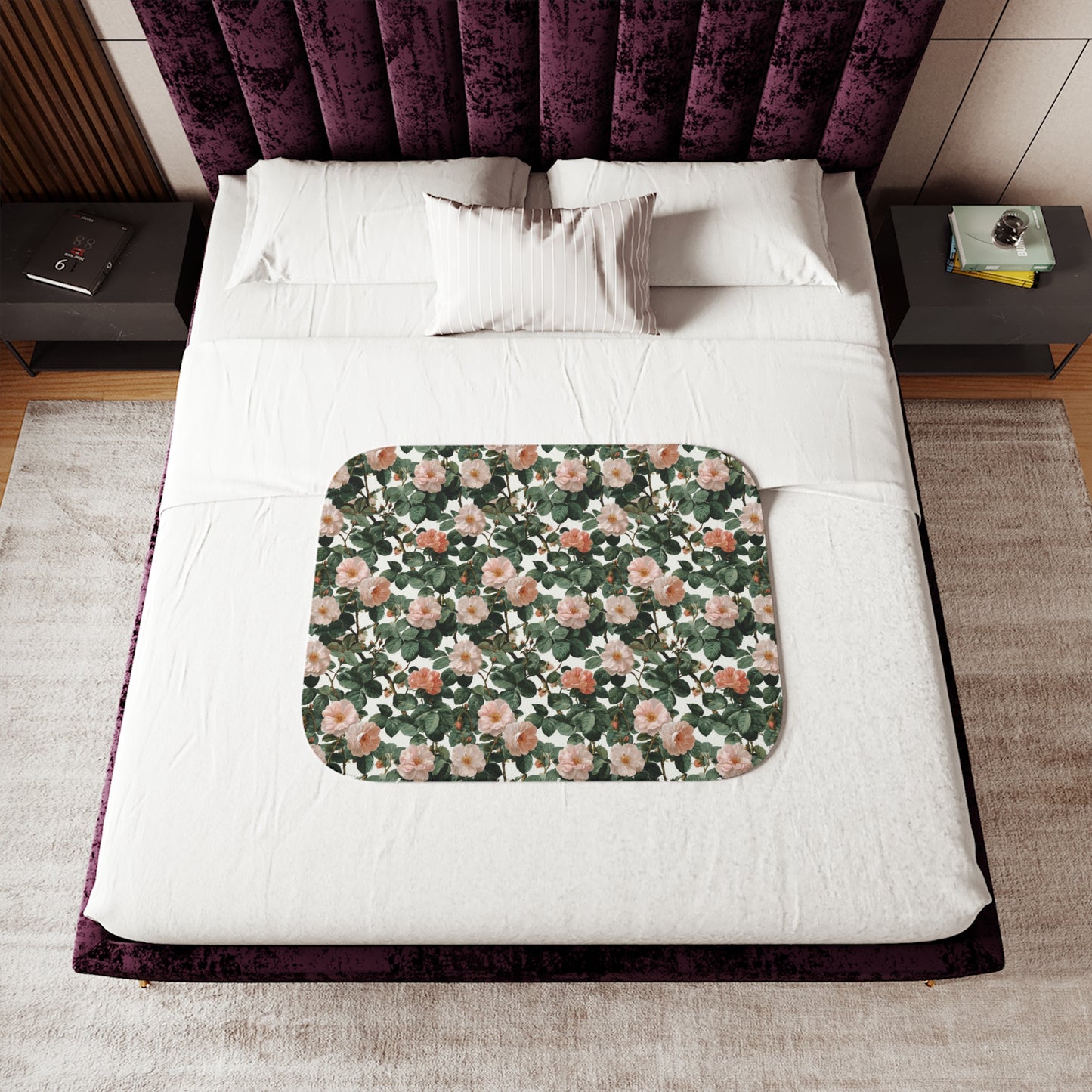 Roses Blossom Floral Sherpa Blanket | Green Leaves, Cozy Reversible Throw