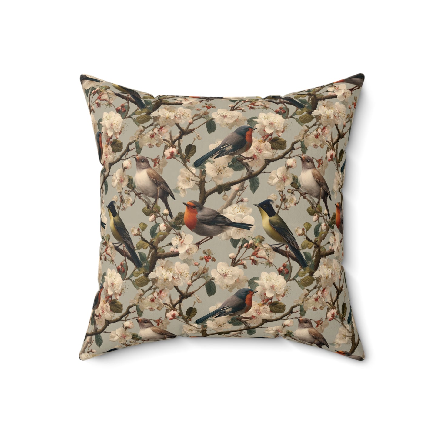 Vintage Floral Songbirds Pillow | Botanical Bird Pattern Square Pillow