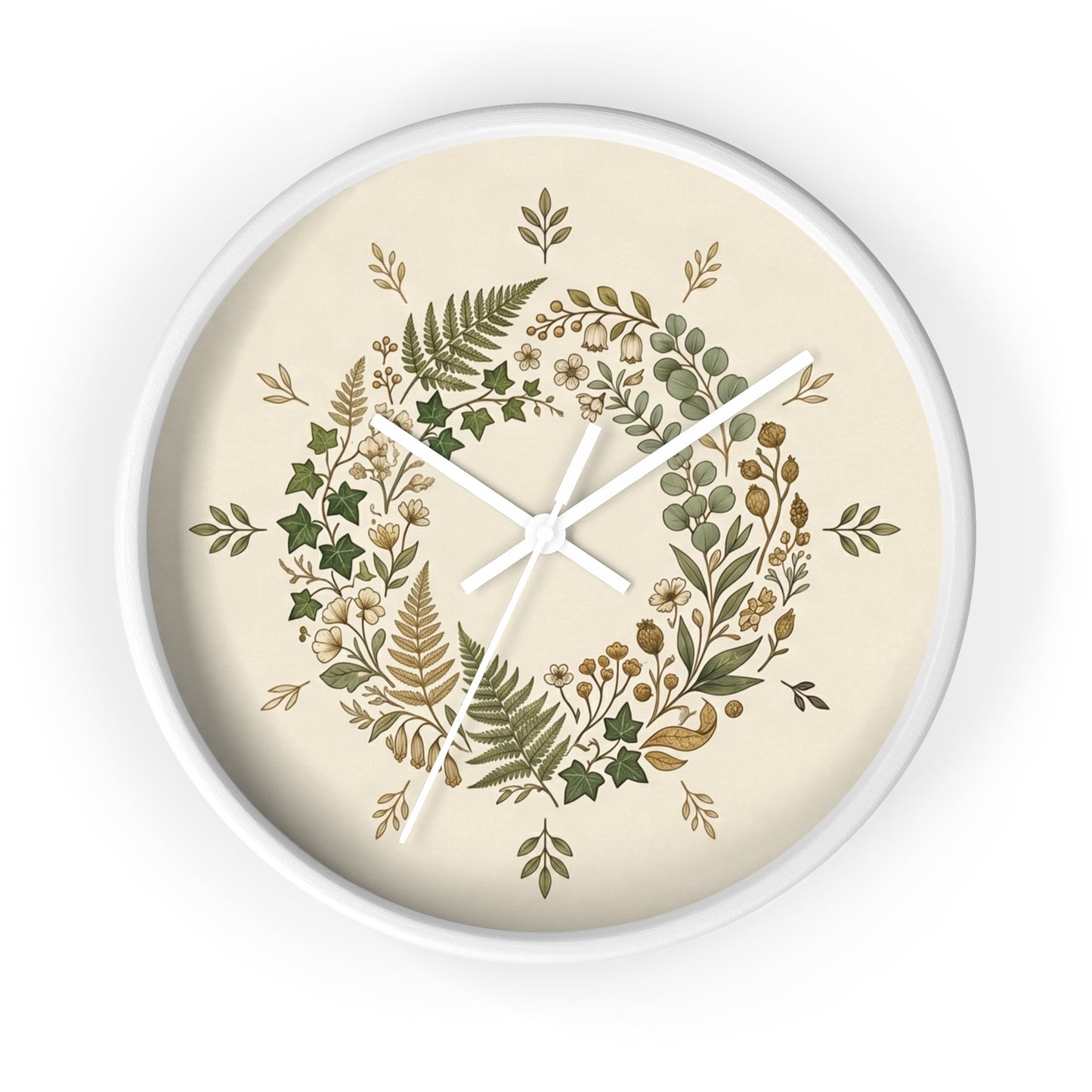Botanical Wreath Wall Clock | Neutral Fern Floral Clock