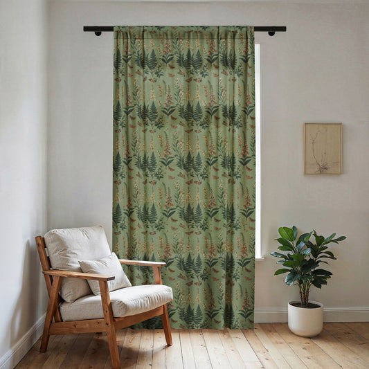 Forest Fern Pattern Green Sheer Window Curtain | Botanical Woodland Print