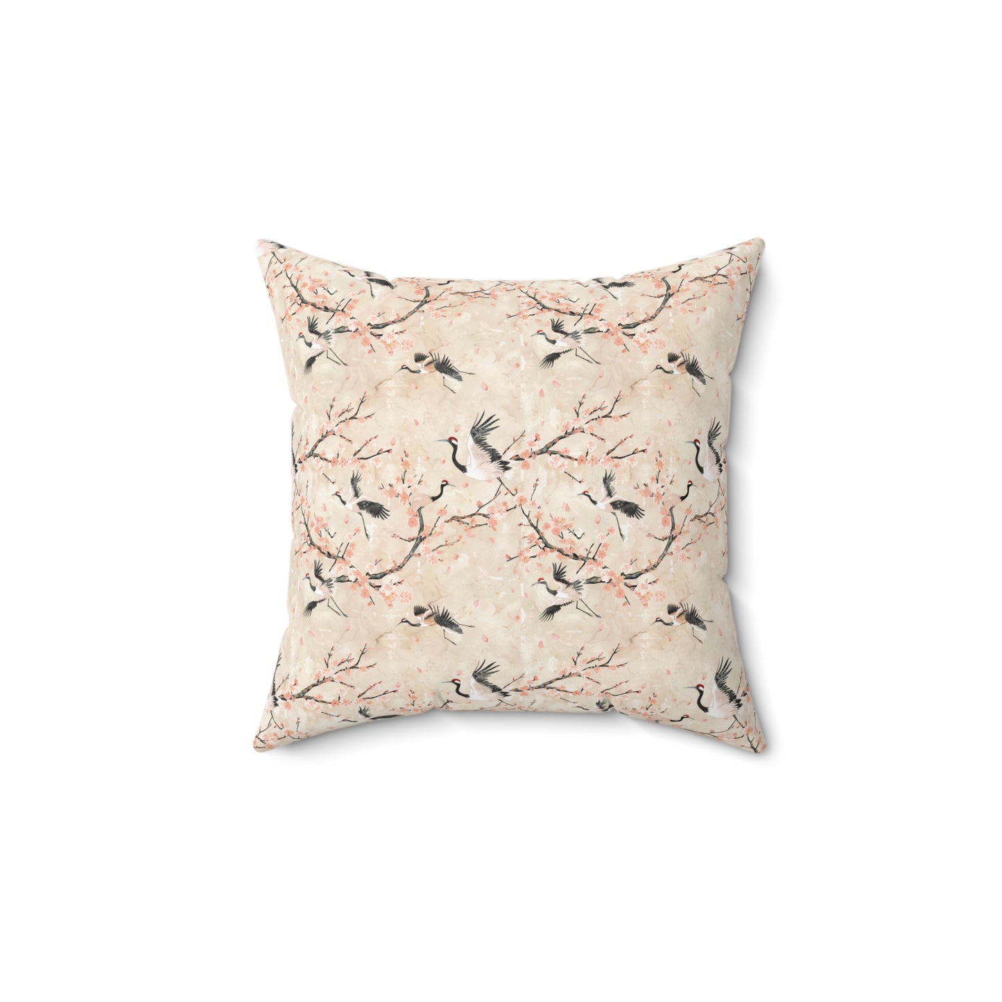 Cherry Blossom Crane Pillow | Floral Japanese Stork Pattern Square Pillow