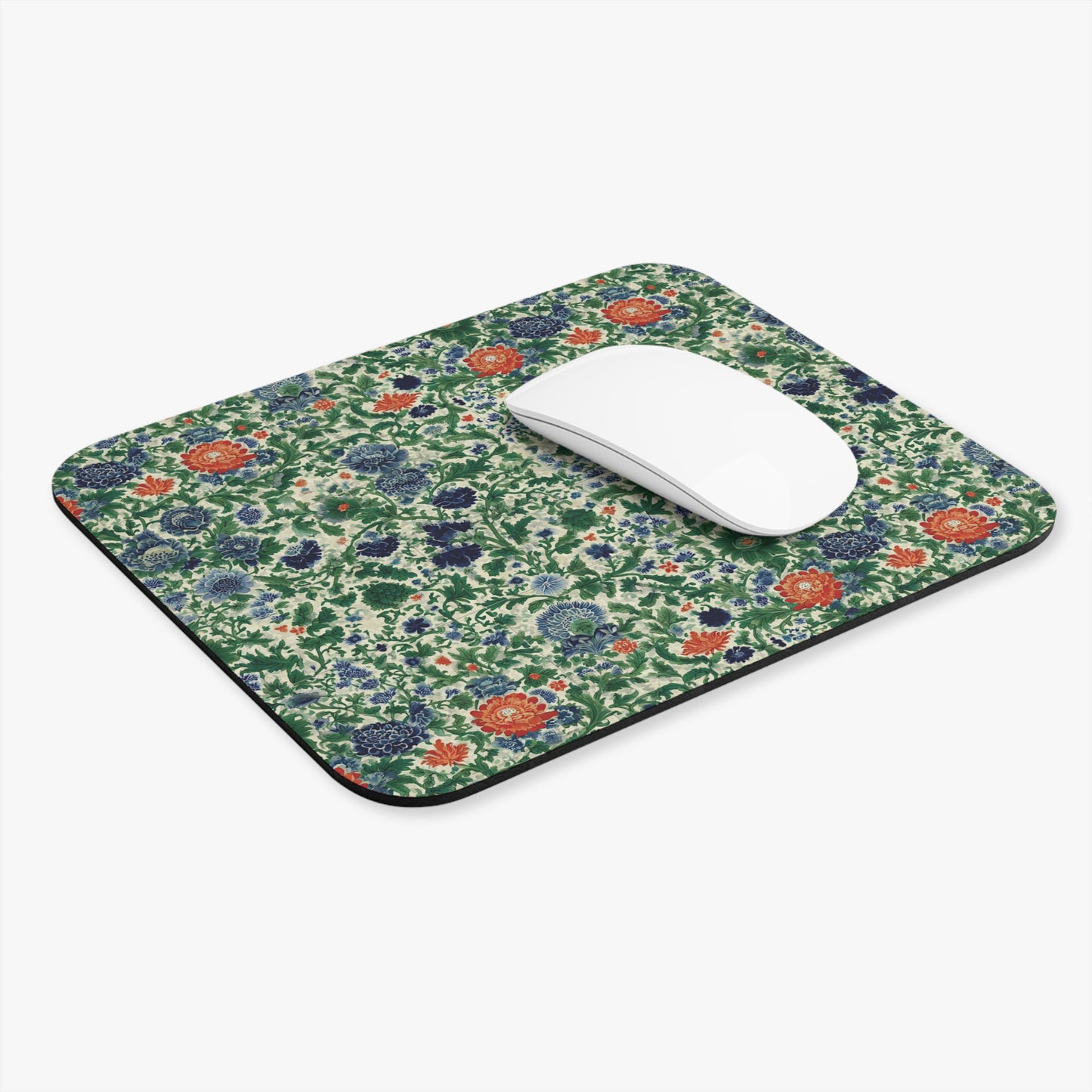 Vintage Floral Pattern Mouse Pad | Blue Green Red Botanical Design