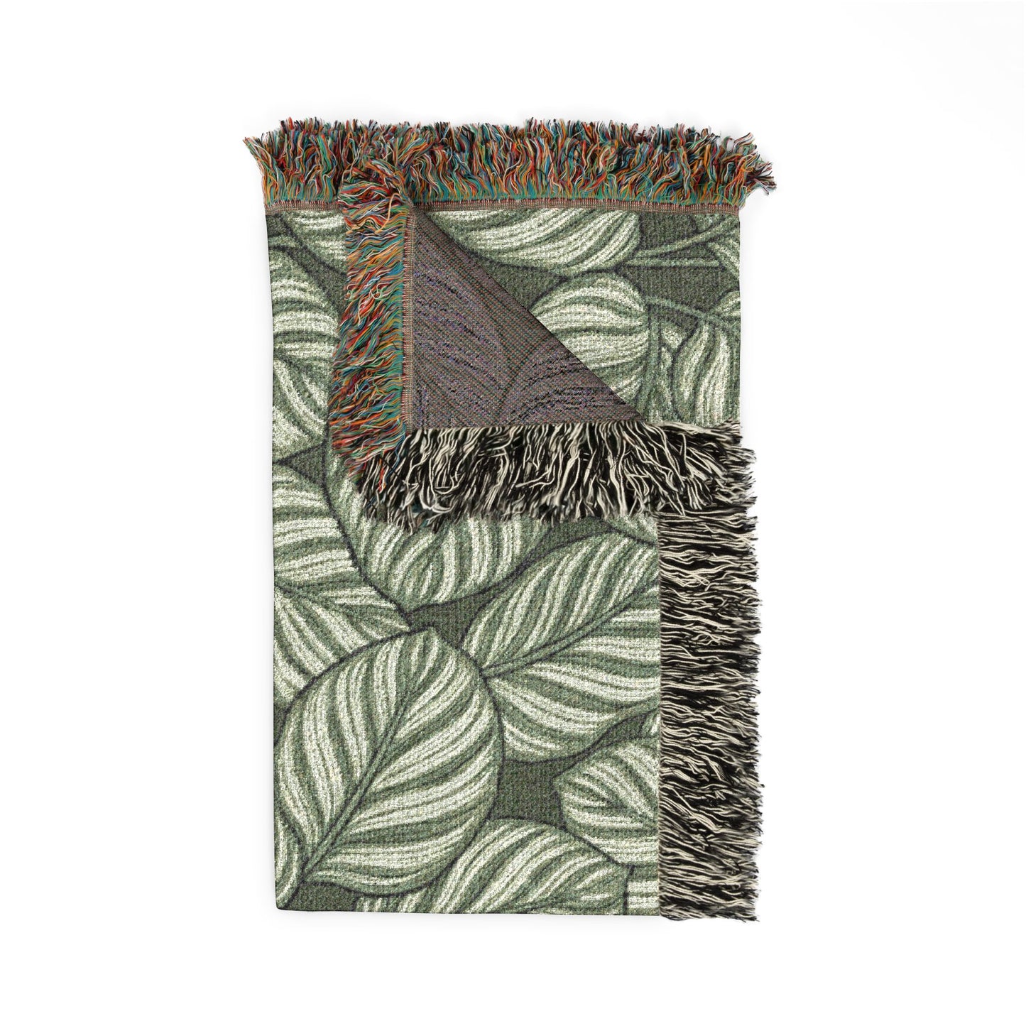 Green Leaf Calathea Orbifolia Pattern Woven Blanket | Botanical Throw, Fringe Edge