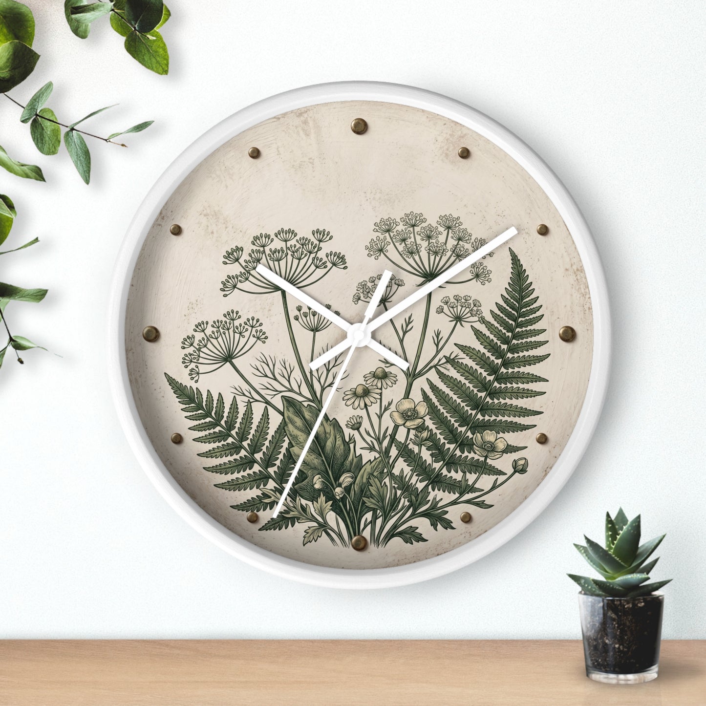 Vintage Botanical Fern Art Wall Clock | Herb Illustration Clock