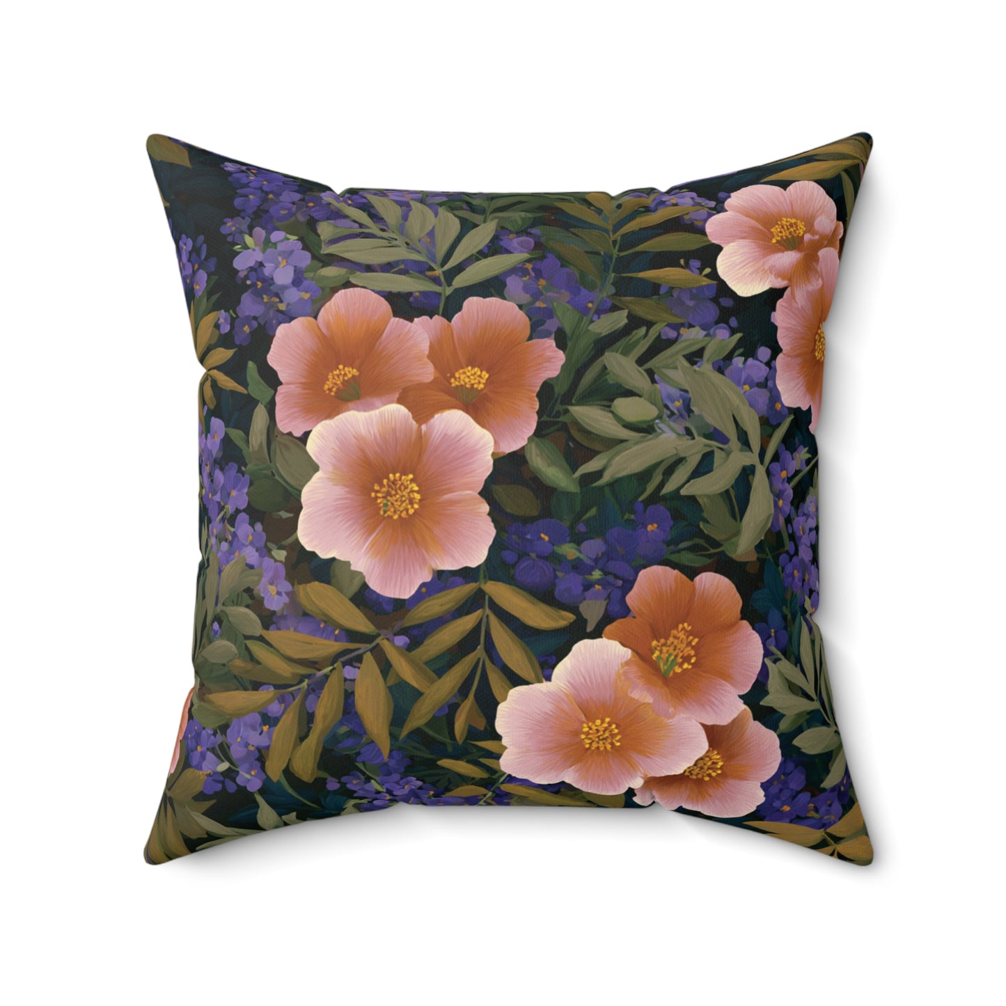Peach Wildflower Pattern Pillow | Floral Botanical Throw Pillow, Dark Navy Background