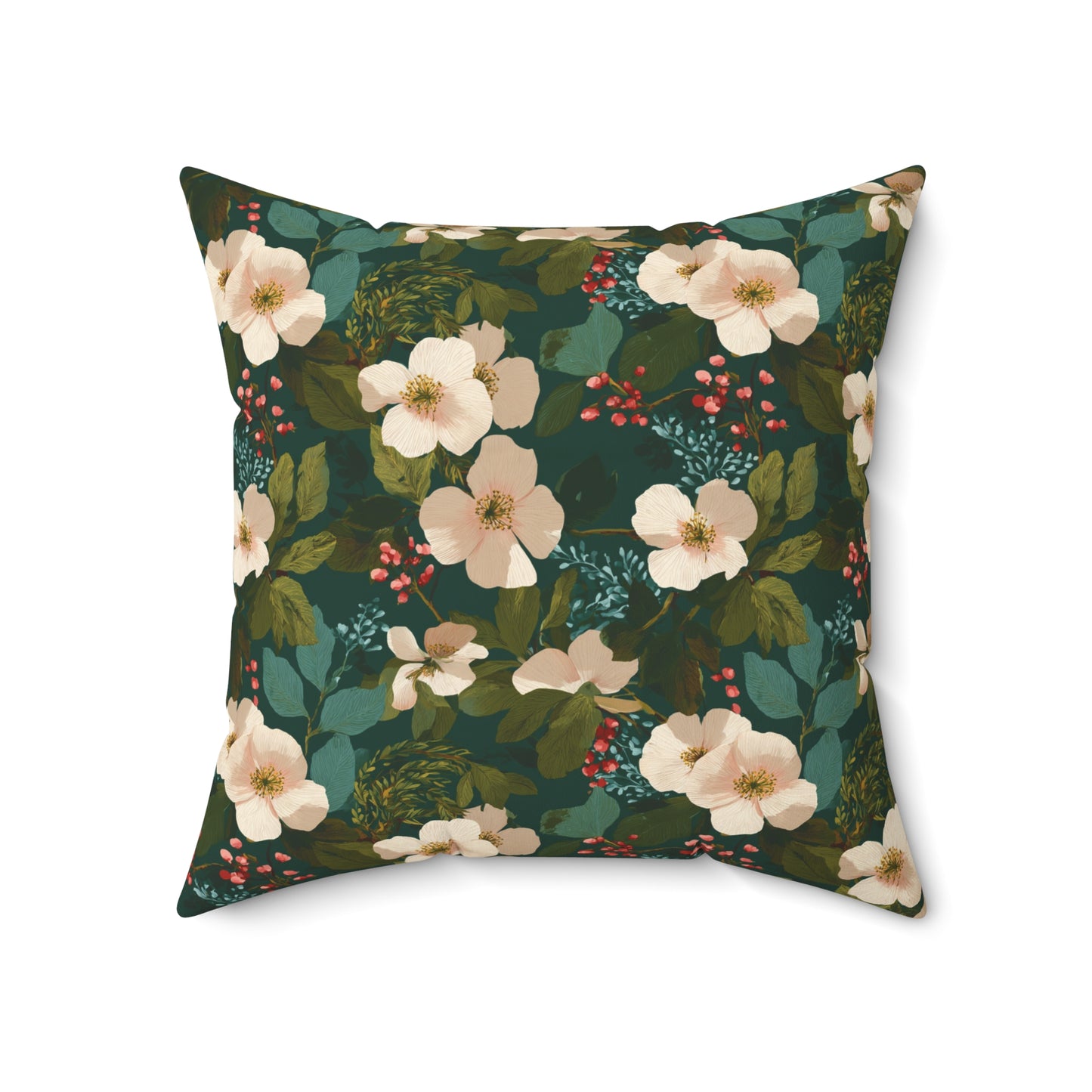 Cream Floral Pattern Pillow | Dark Green Botanical Throw Pillow