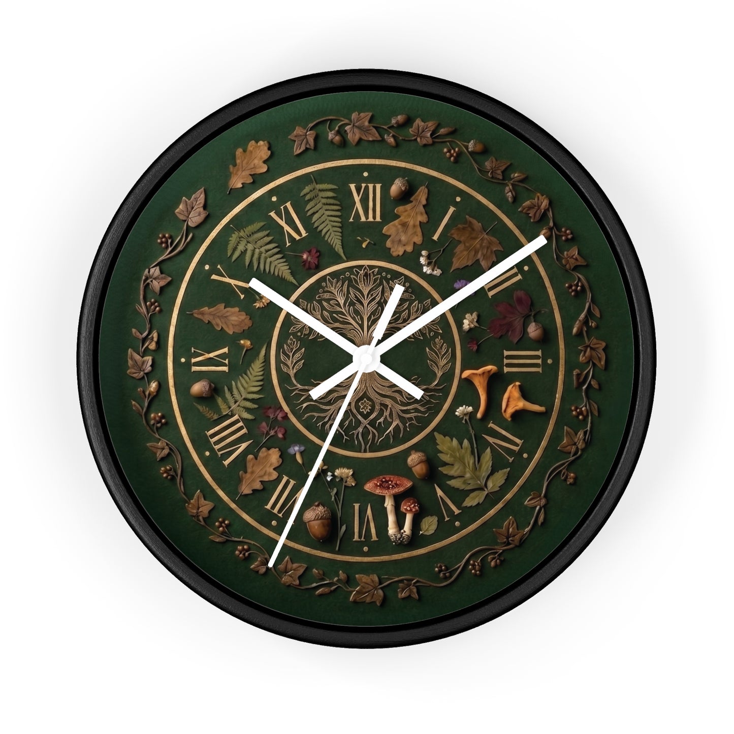 Woodland Tree of Life wall clock | Botanical, mushrooms, fern, roman numerals | Realistic Illustration | Witchy Nature