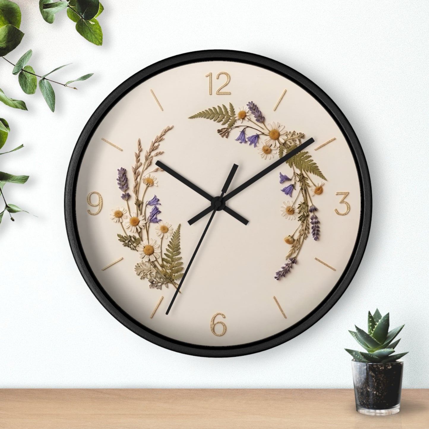 Wildflower Wreath Minimalist Wall Clock | Botanical Floral Timepiece