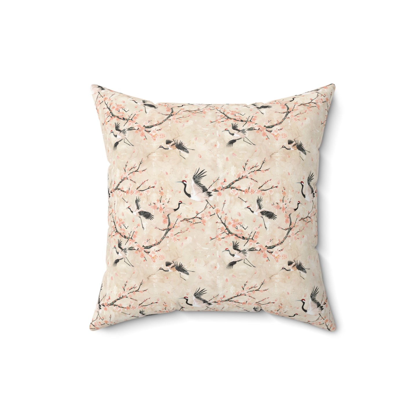 Cherry Blossom Crane Pillow | Floral Japanese Stork Pattern Square Pillow
