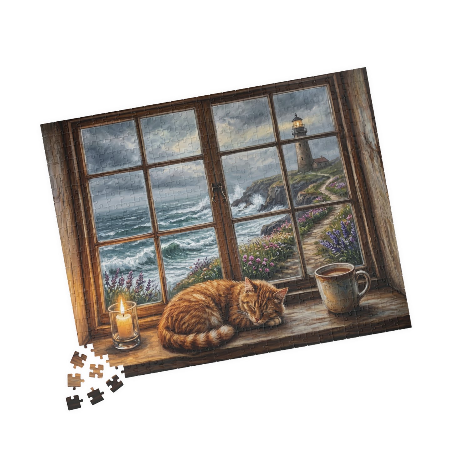 Cozy Cat Lighthouse Window Puzzle | Seaside Evening, Stormy Coastline, Scene