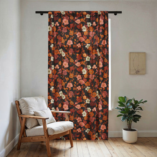 Autumn Floral Sheer Window Curtain | Rust Orange Brown Bloom Pattern