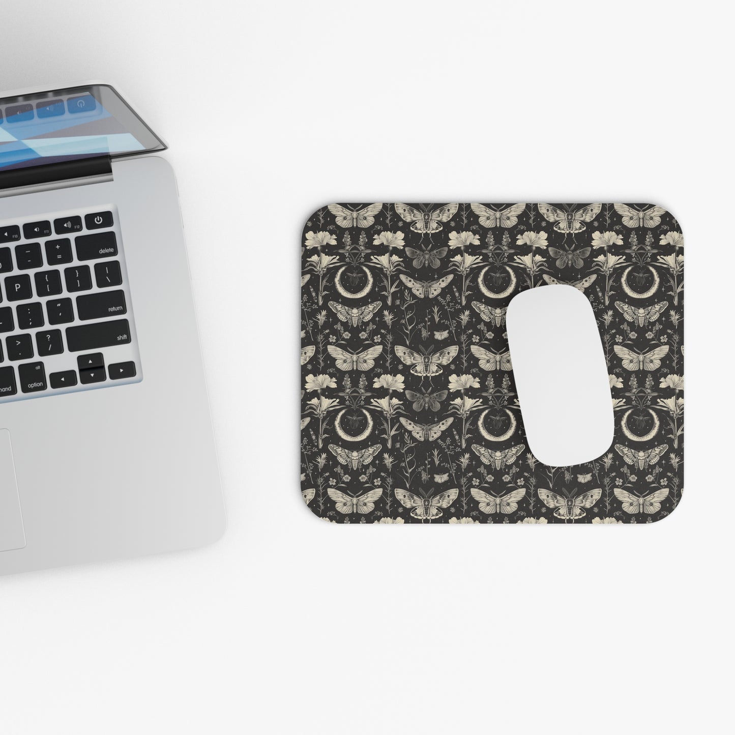 Celestial Moths Moon Pattern Mouse Pad | Gothic Botanical Desk Mat