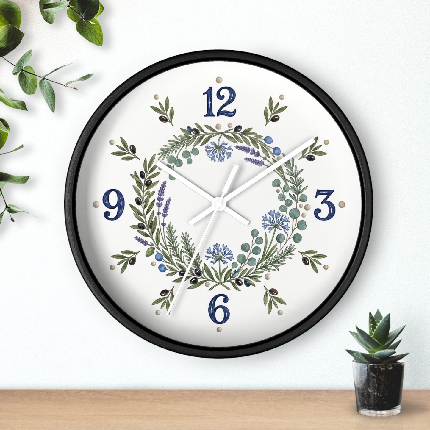 Botanical Wreath Wall Clock | Floral Laurel Timepiece, Blue Numbers