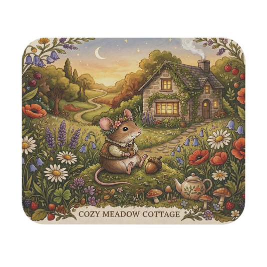 Illustrated Mouse Pad | Cozy Meadow Cottage, Floral Garden Scene