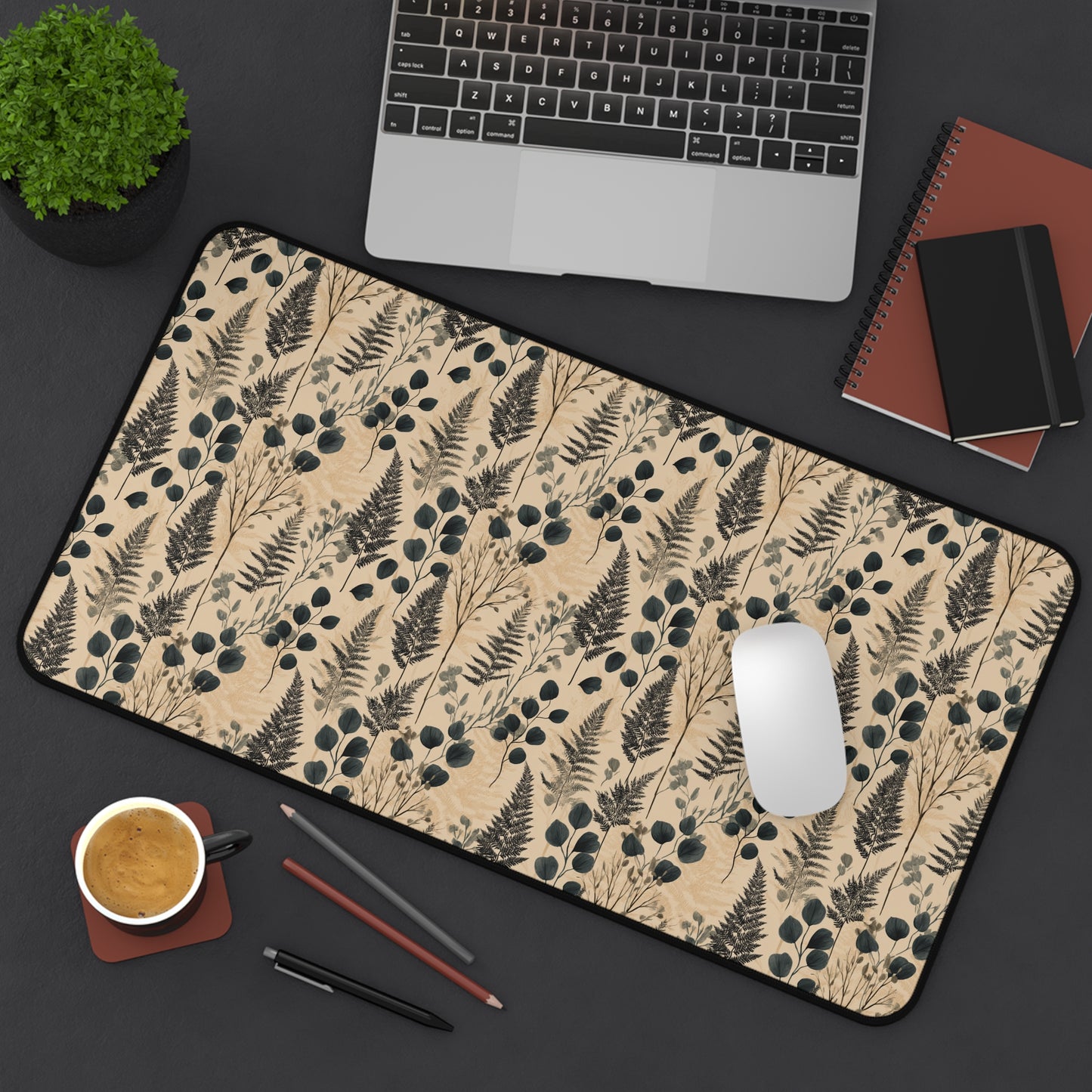 Botanical Fern and Berries Desk Mat | Neutral Floral Pattern