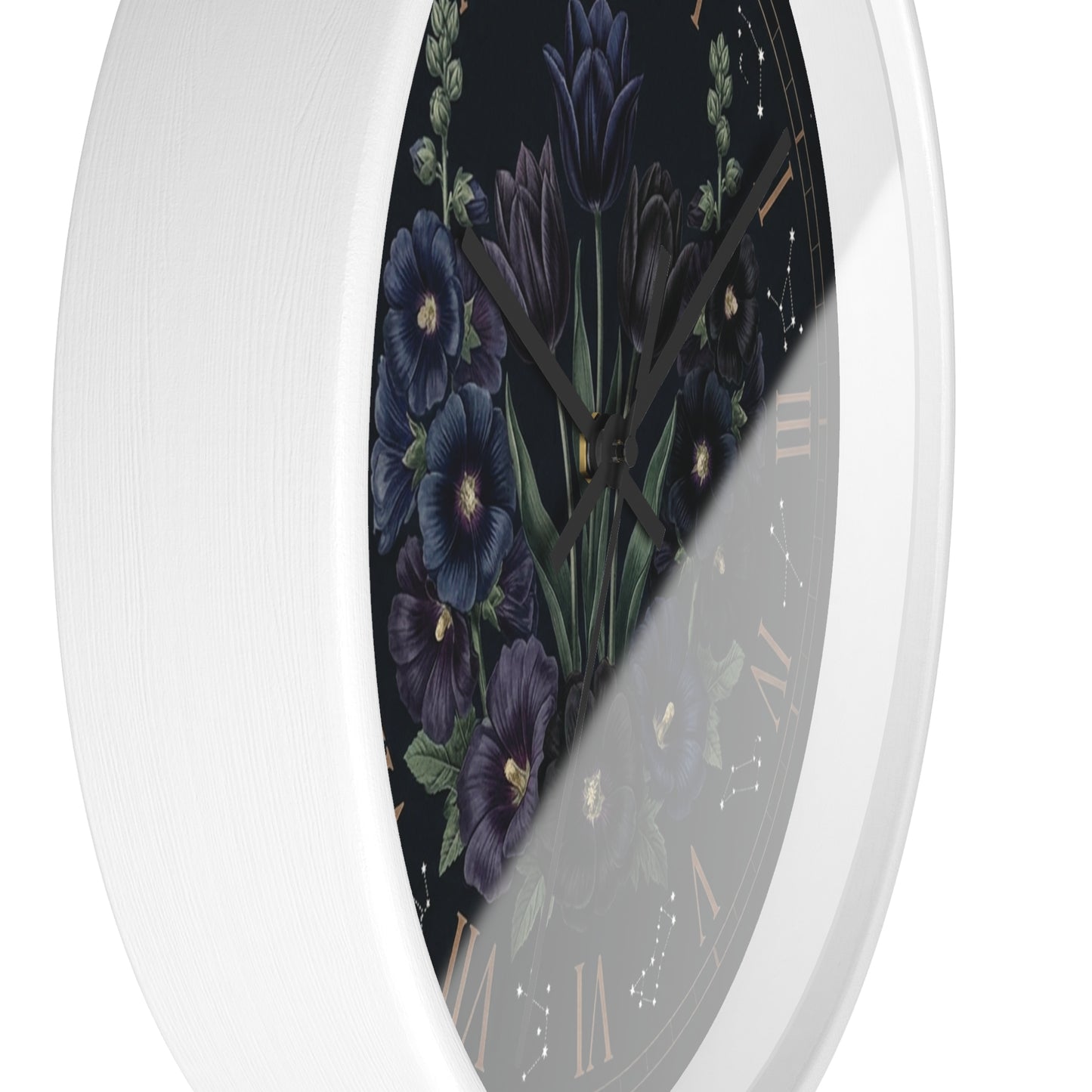 Midnight Violet Florals Wall Clock | Roman Numerals, Constellation Accents