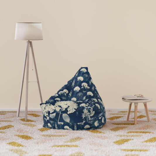 Cyanotype Floral Bean Bag Cover - Vintage Botanical Hydrangea Pillow - Cottagecore Home Decor