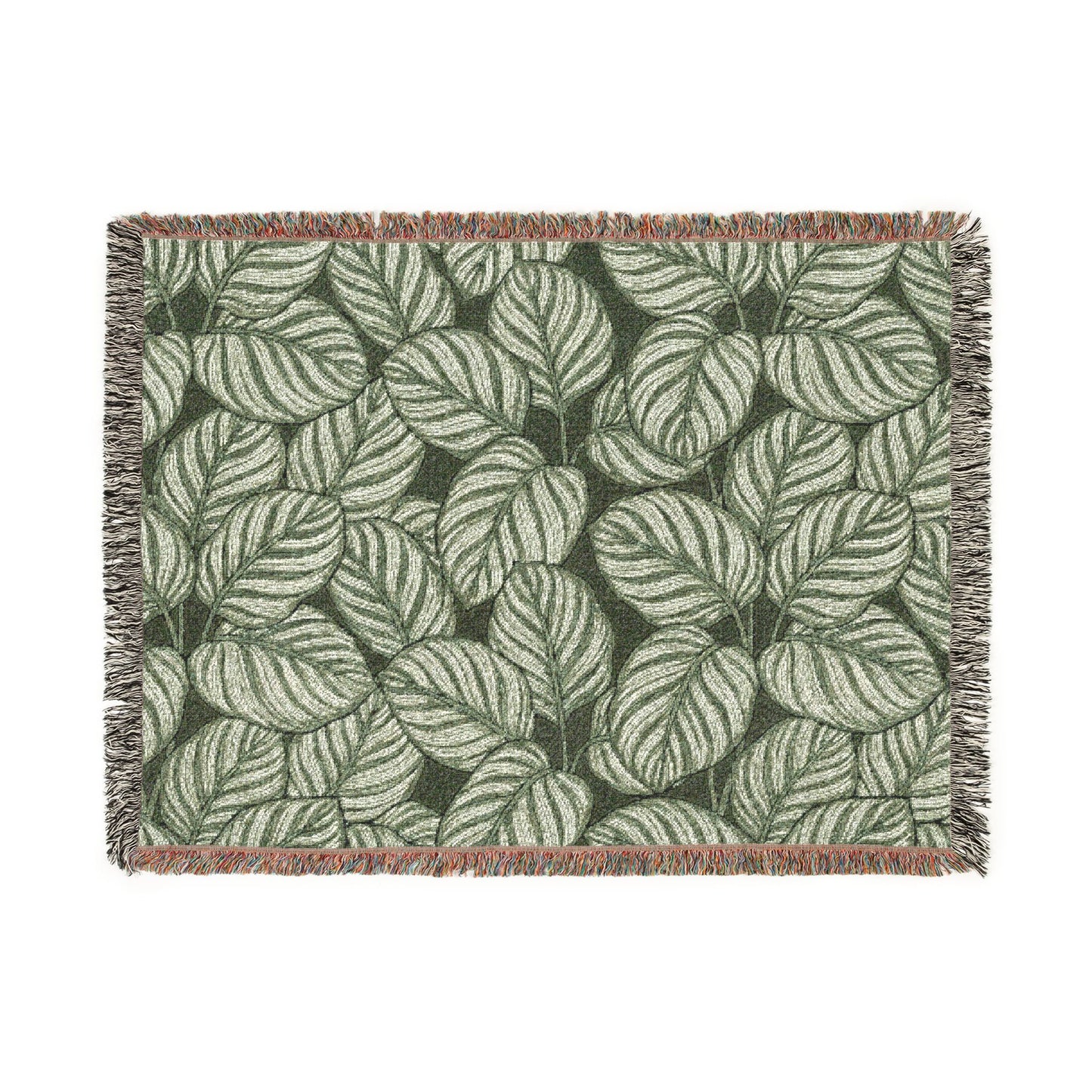 Green Leaf Calathea Orbifolia Pattern Woven Blanket | Botanical Throw, Fringe Edge