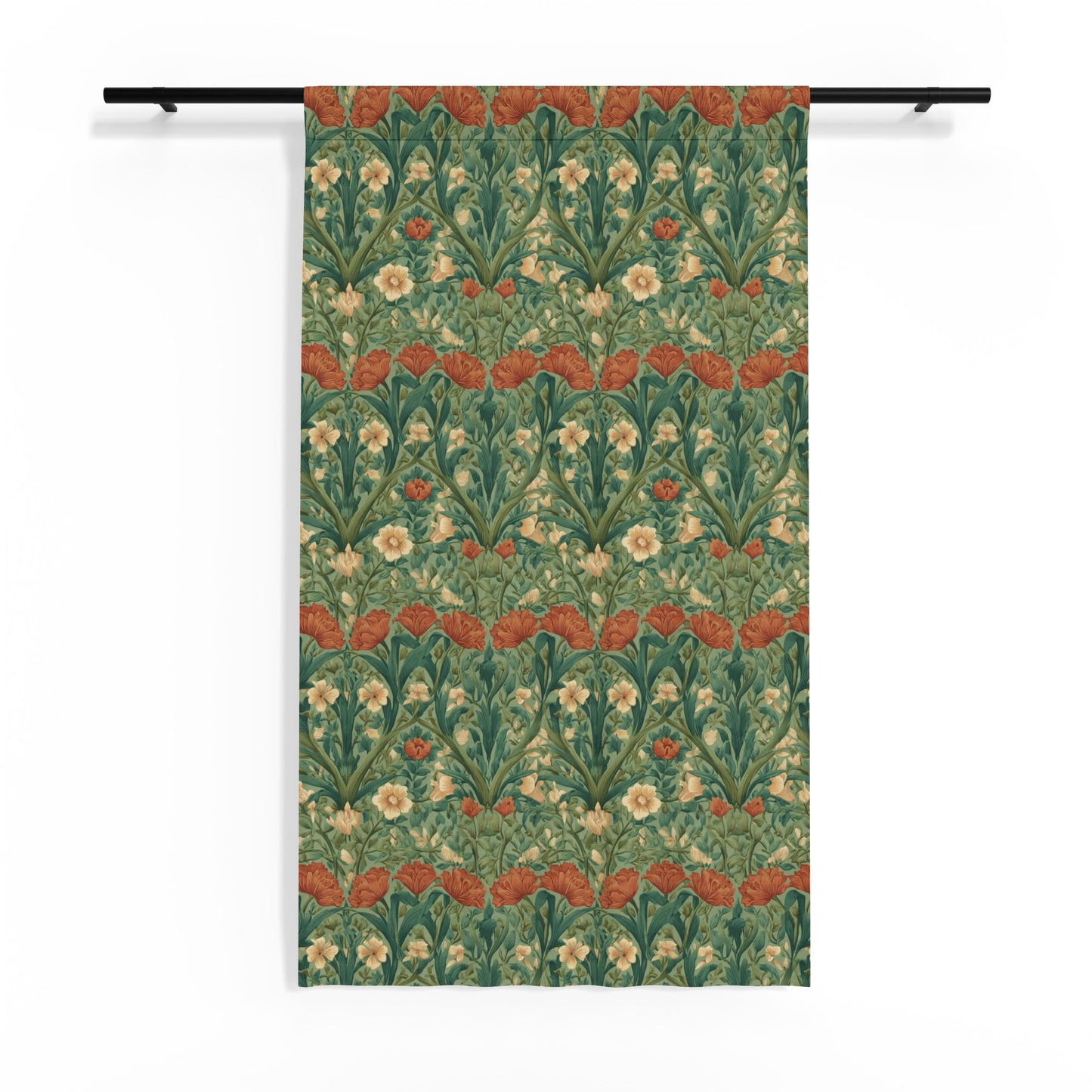 Vintage William Morris Style Floral Pattern Sheer Window Curtain | Green Red Botanical Drapery