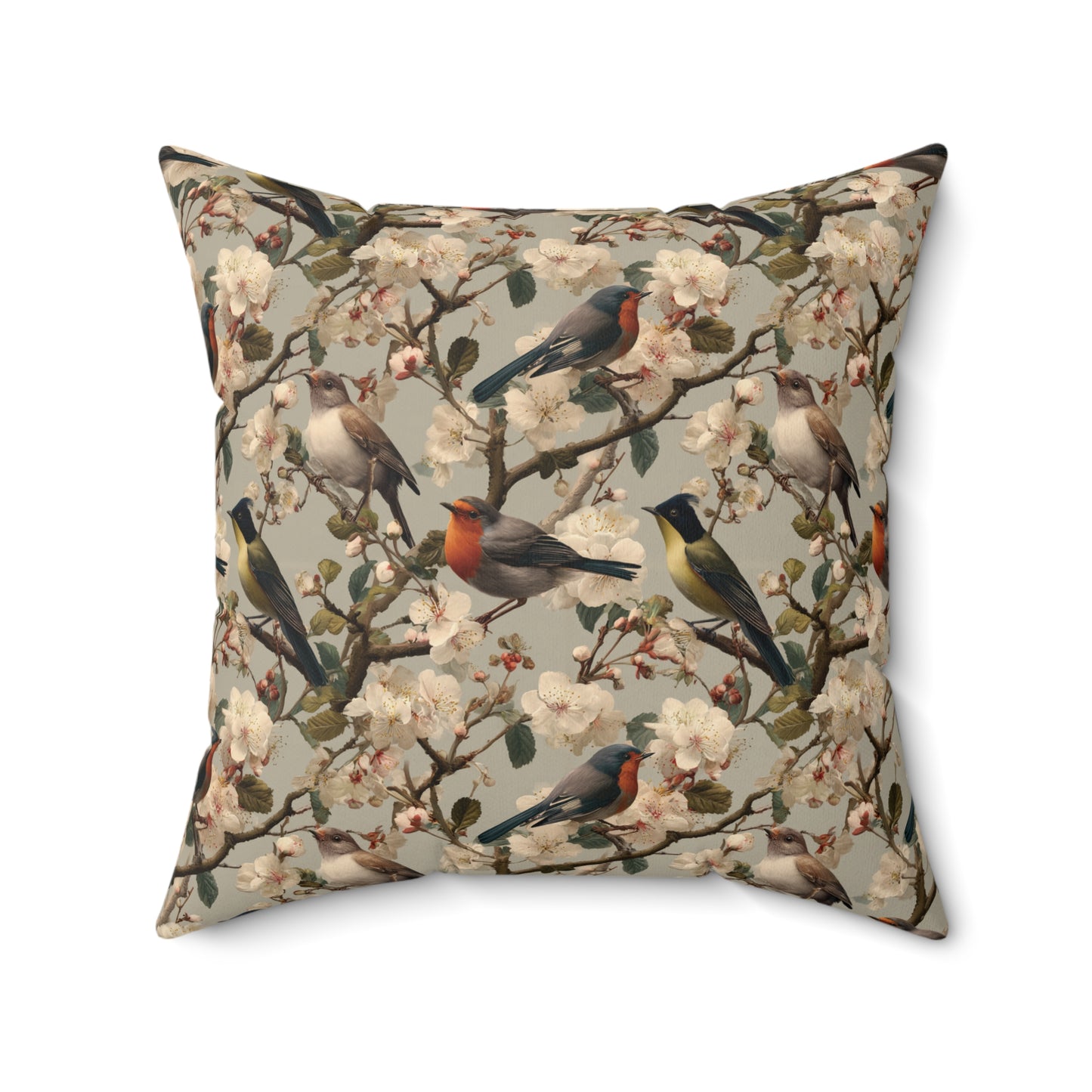 Vintage Floral Songbirds Pillow | Botanical Bird Pattern Square Pillow