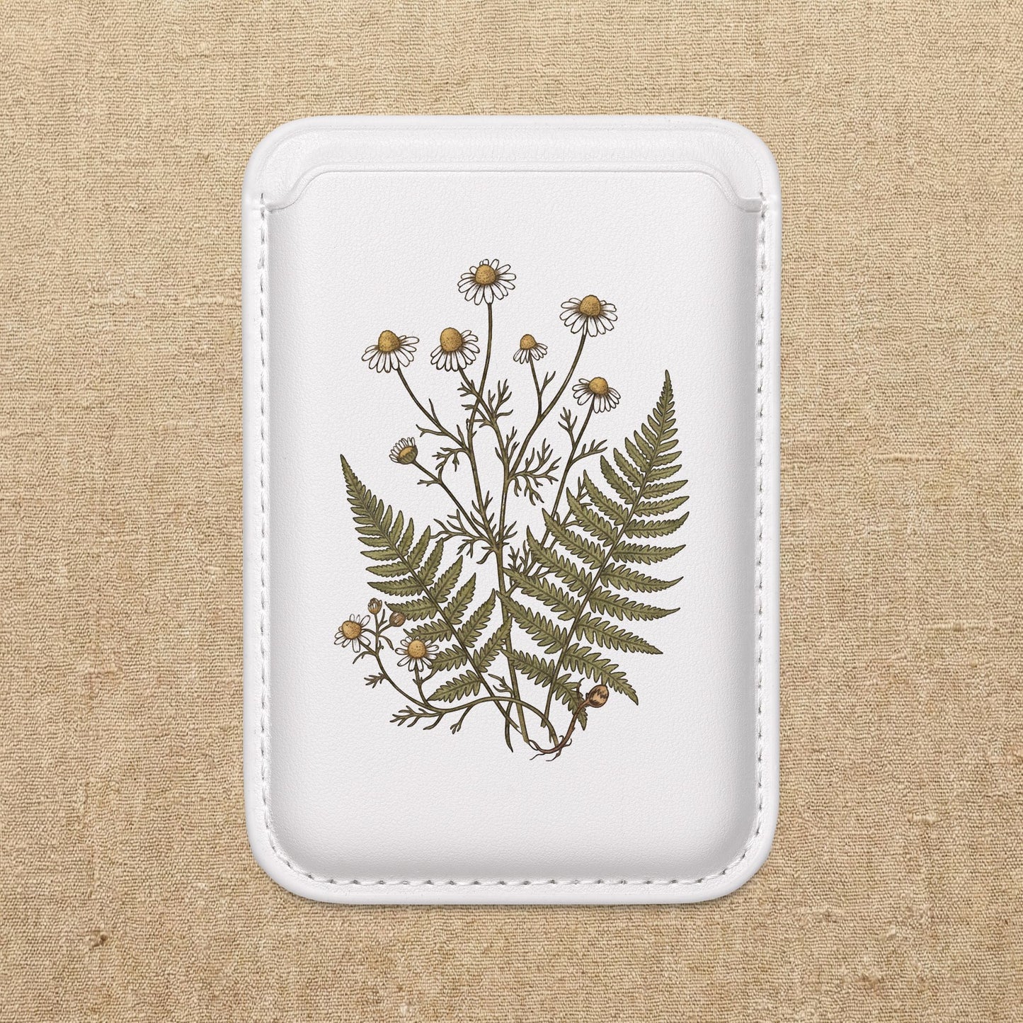 Pressed Fern and Chamomile Illustration Vegan Wallet | MagSafe Compatible