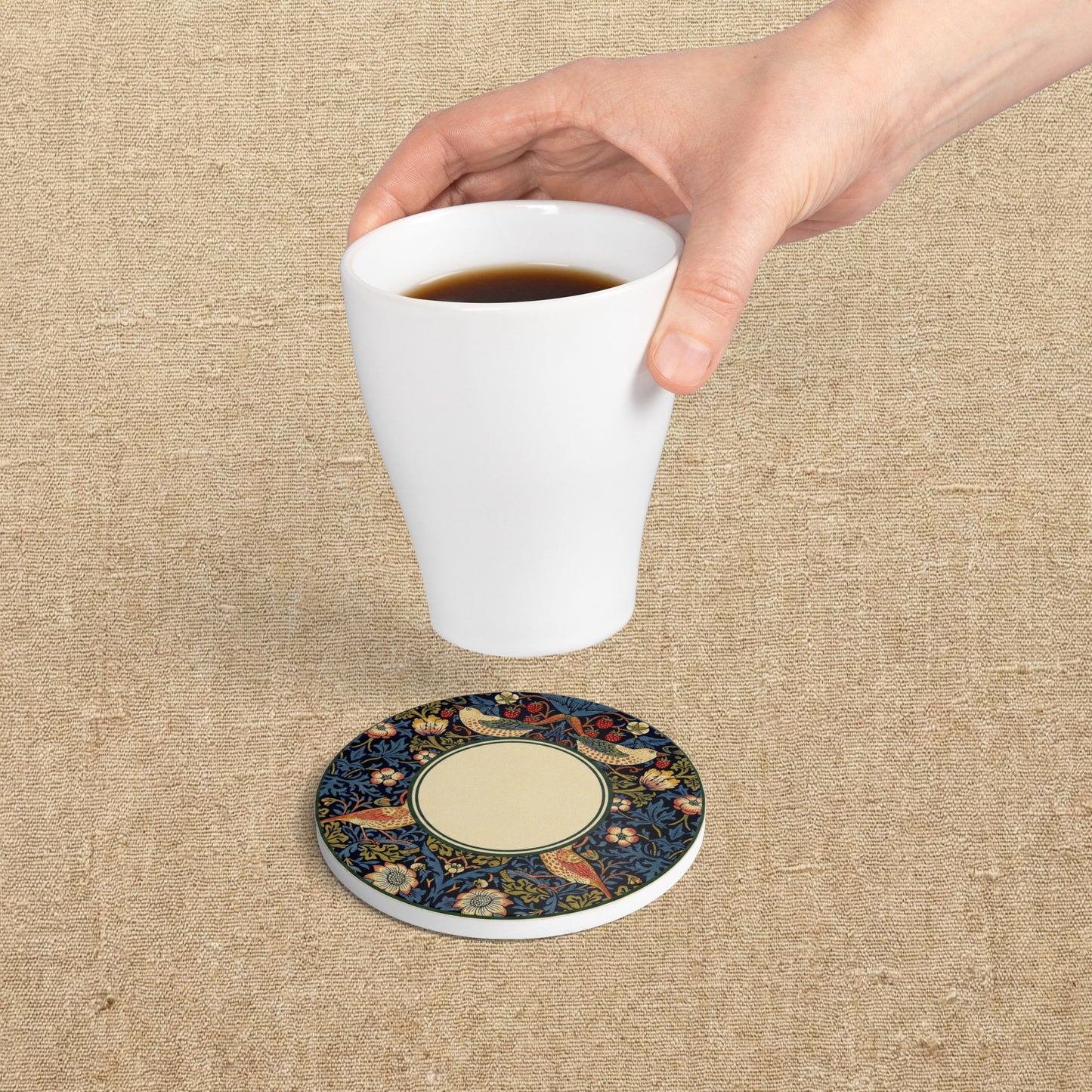 Strawberry Thief floral bird pattern Ceramic Coaster | William Morris inspired, cork back