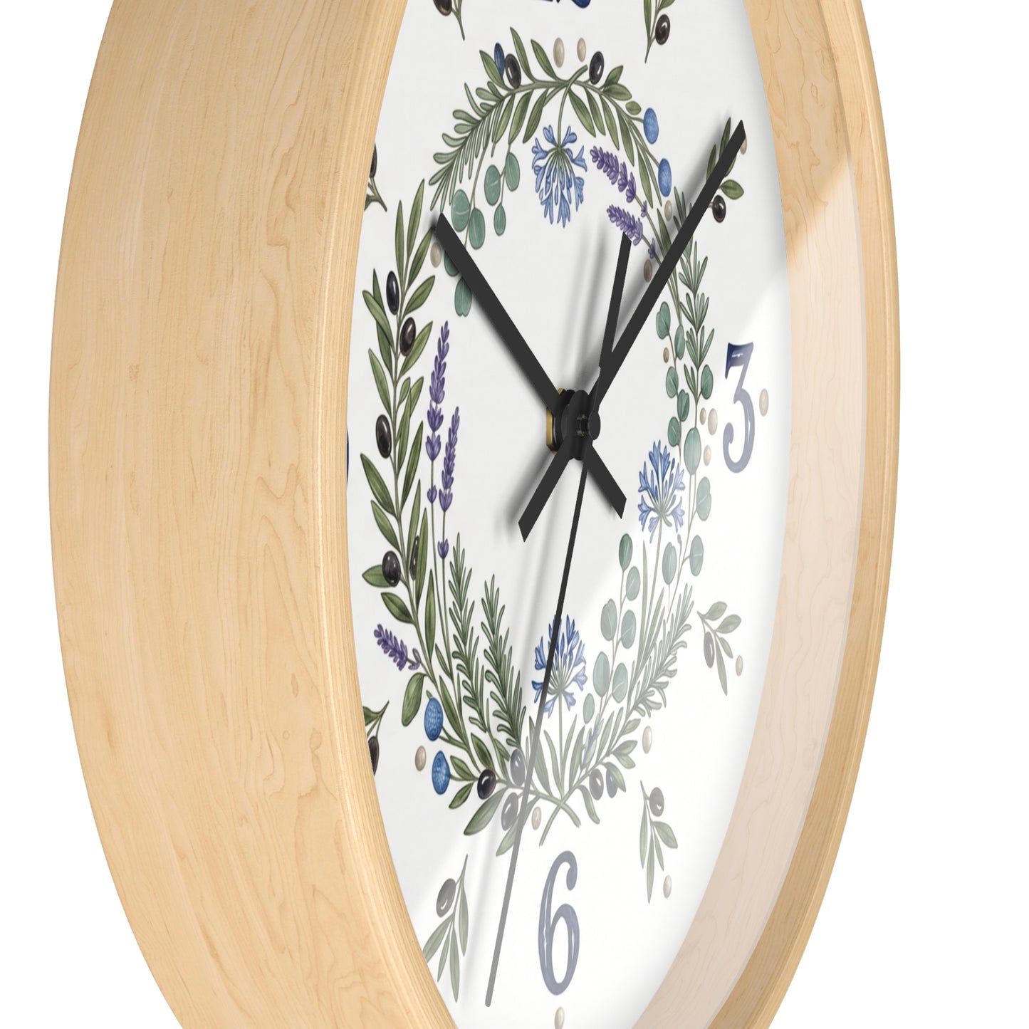 Botanical Wreath Wall Clock | Floral Laurel Timepiece, Blue Numbers