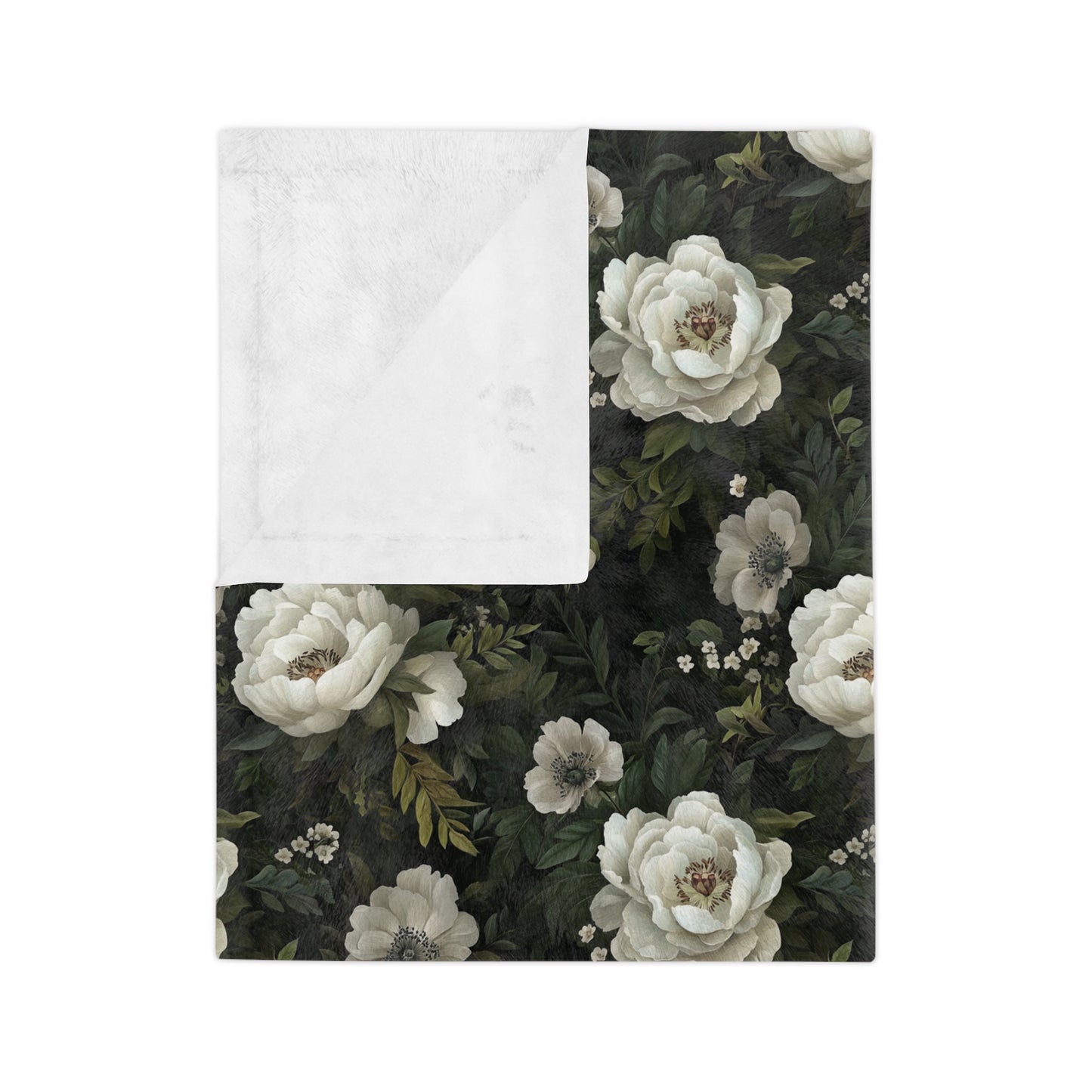 Vintage White Rose Floral Velveteen Microfiber Blanket | Dark Botanical Pattern