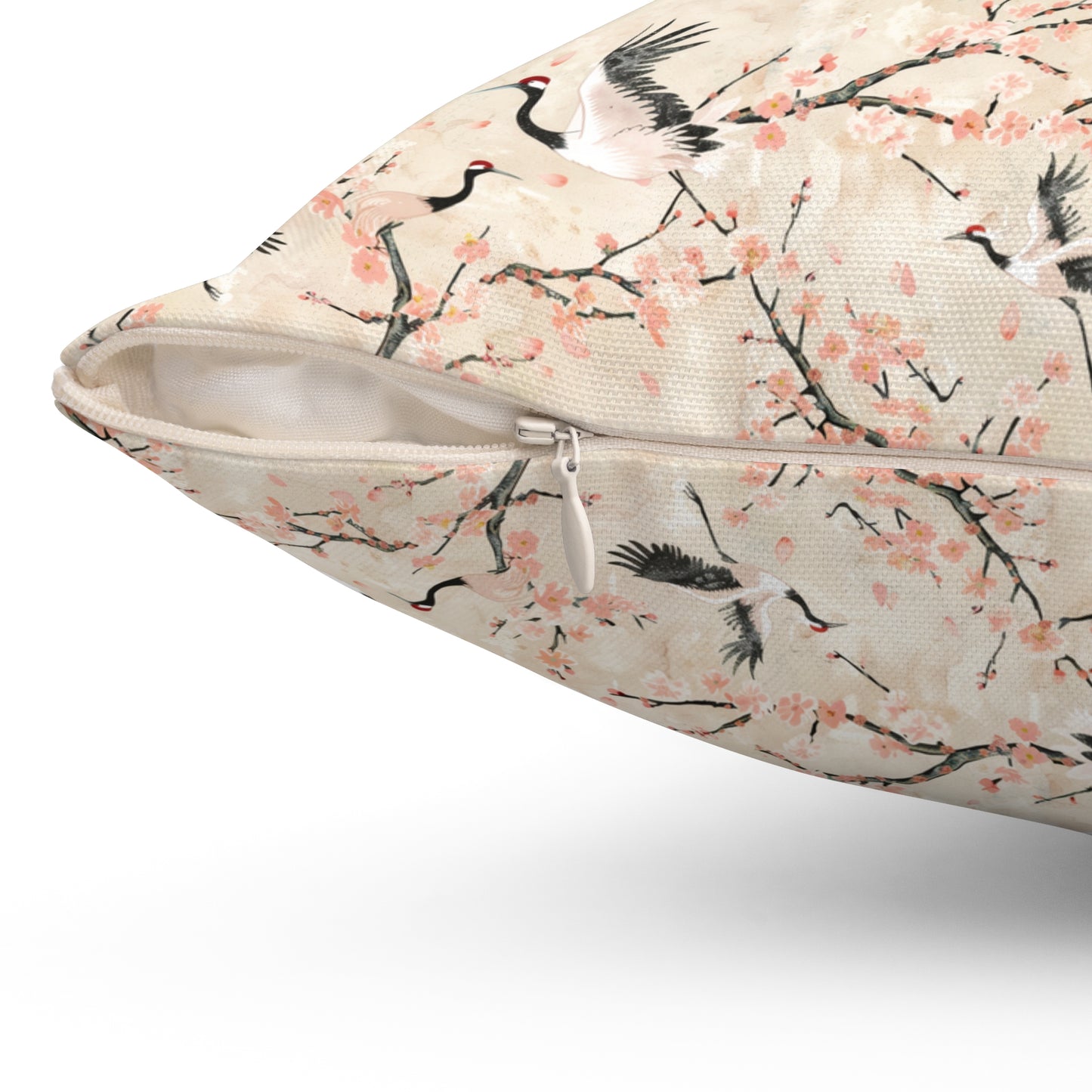 Cherry Blossom Crane Pillow | Floral Japanese Stork Pattern Square Pillow